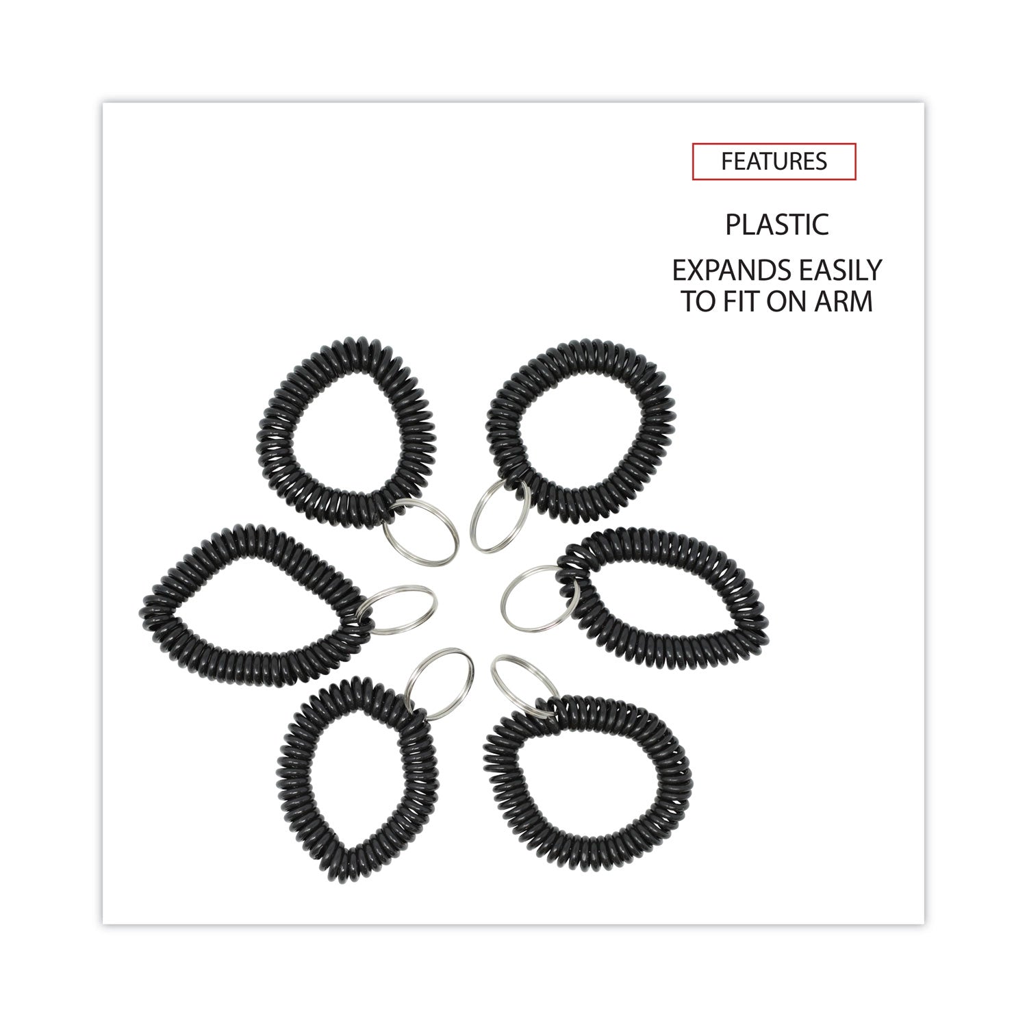 Universal® Wrist Coil Plus Key Ring, Plastic, Black, 6/pack