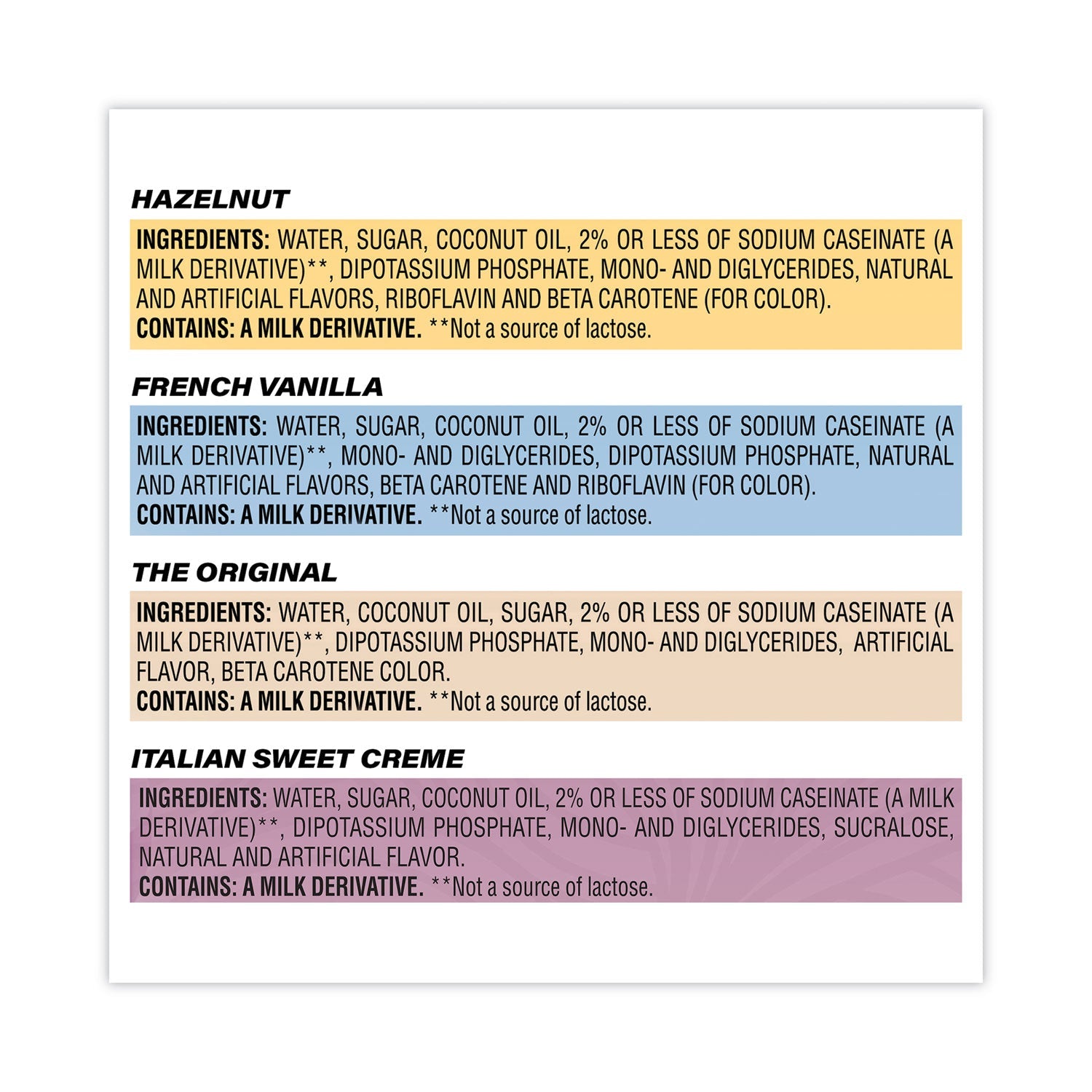 Coffee mate® Liquid Coffee Creamer, French Vanilla/Hazelnut/Italian Sweet Cream/Original, 0.38 oz Mini Cups, 200/Carton