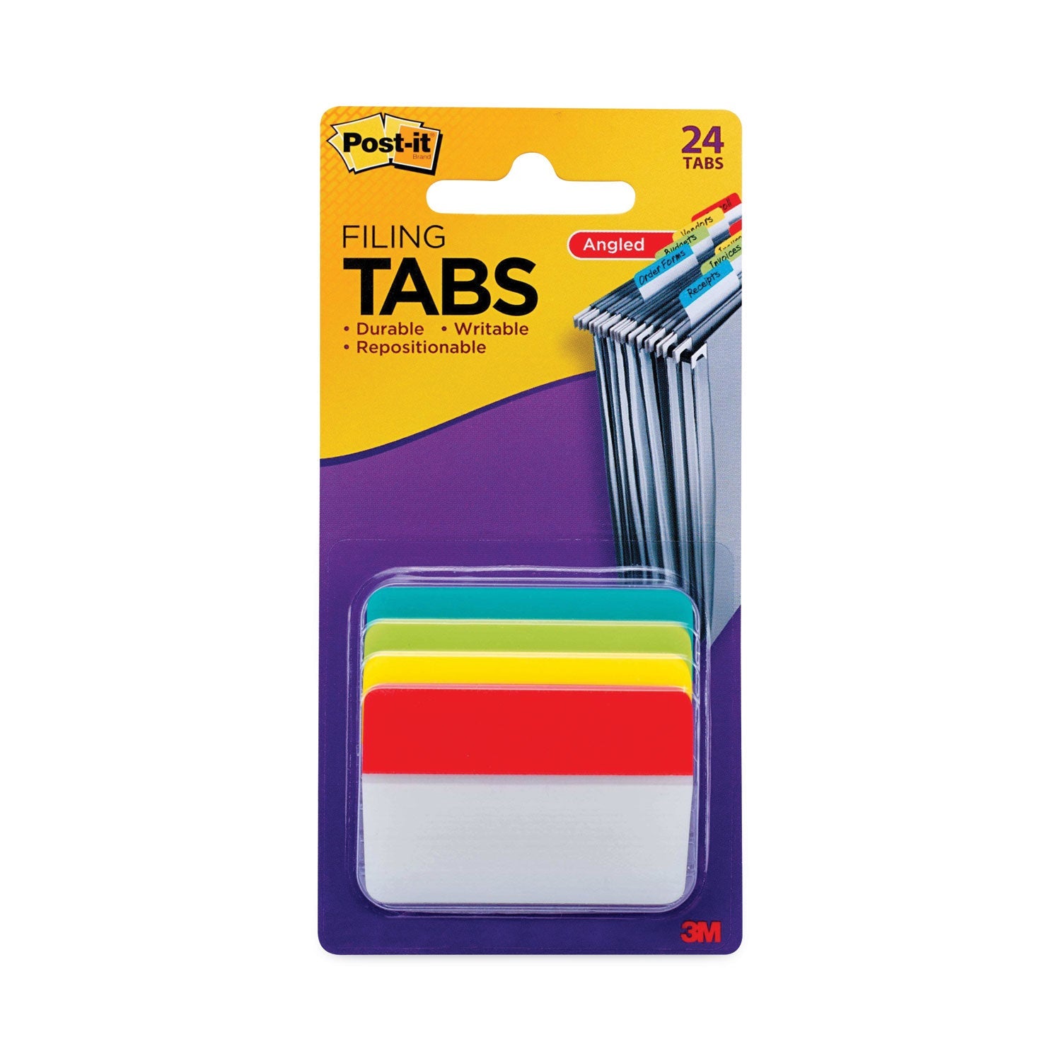 Post-it® Tabs 2" Plain Solid Color Angled Tabs, 1/5-Cut, Assorted Colors, 2" Wide, 24/Pack