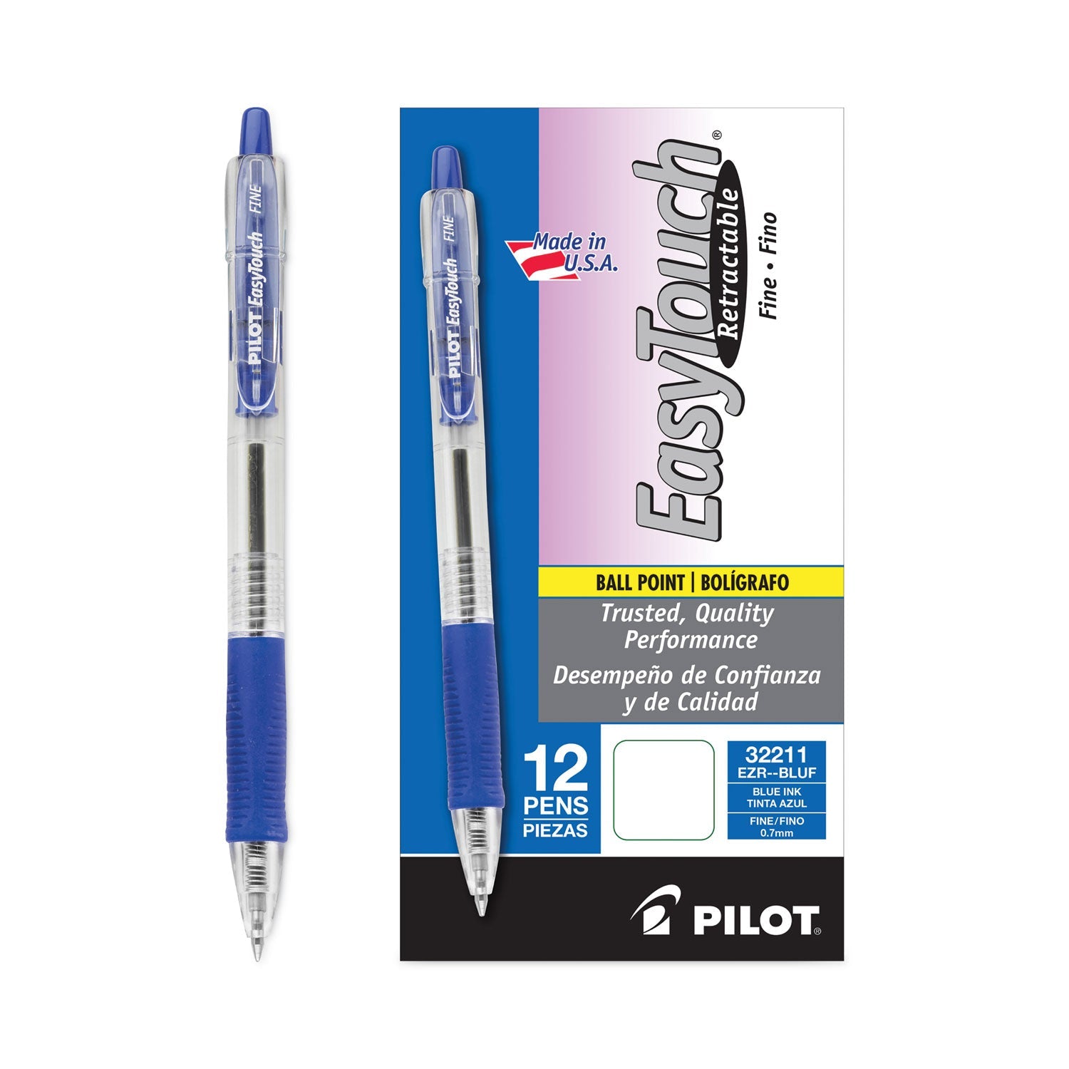 Pilot® Easytouch Ballpoint Pen, Retractable, Fine 0.7 Mm, Blue Ink, Clear Barrel, Dozen