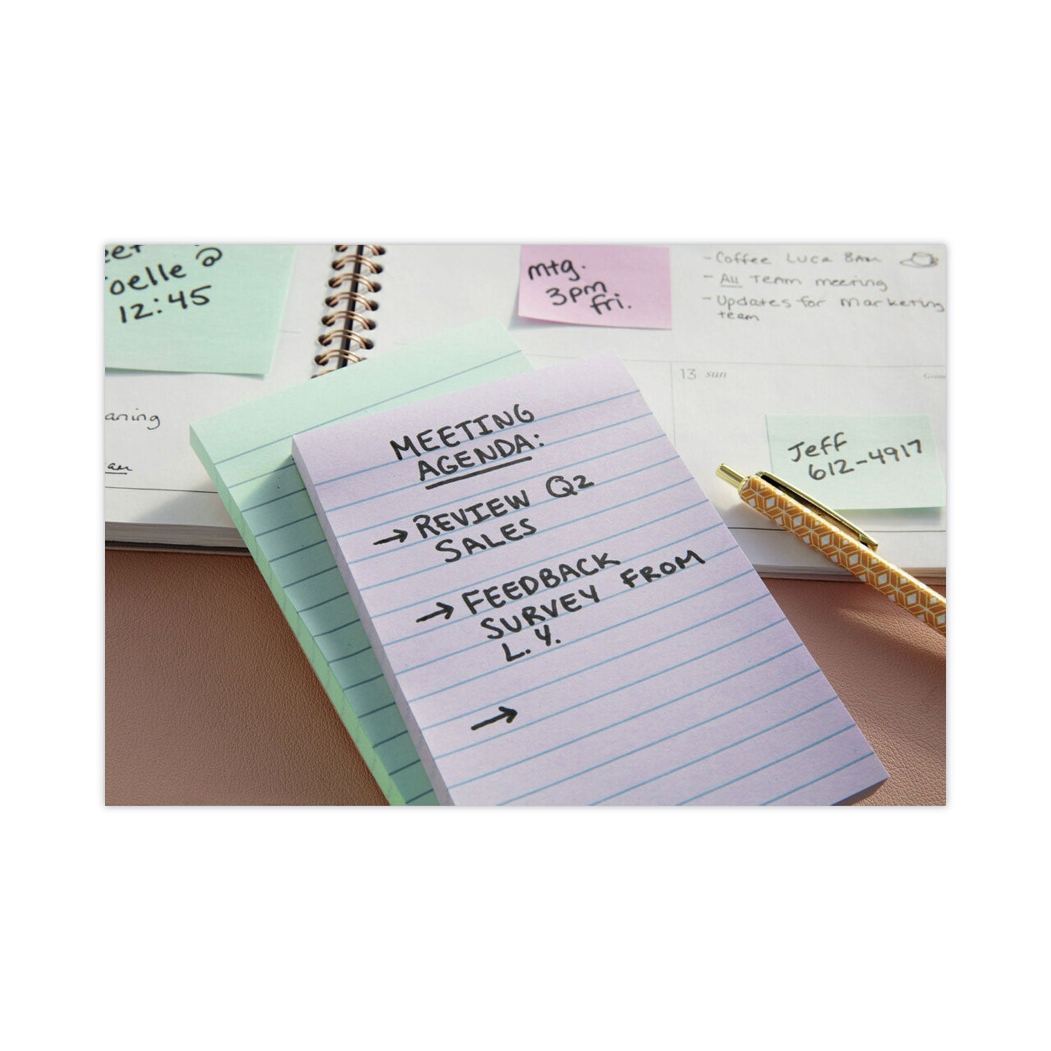 Post-it® Greener Notes Original Recycled Note Pads, Note Ruled, 4" x 6", Sweet Sprinkles Collection Colors, 100 Sheets/Pad, 5 Pads/Pack