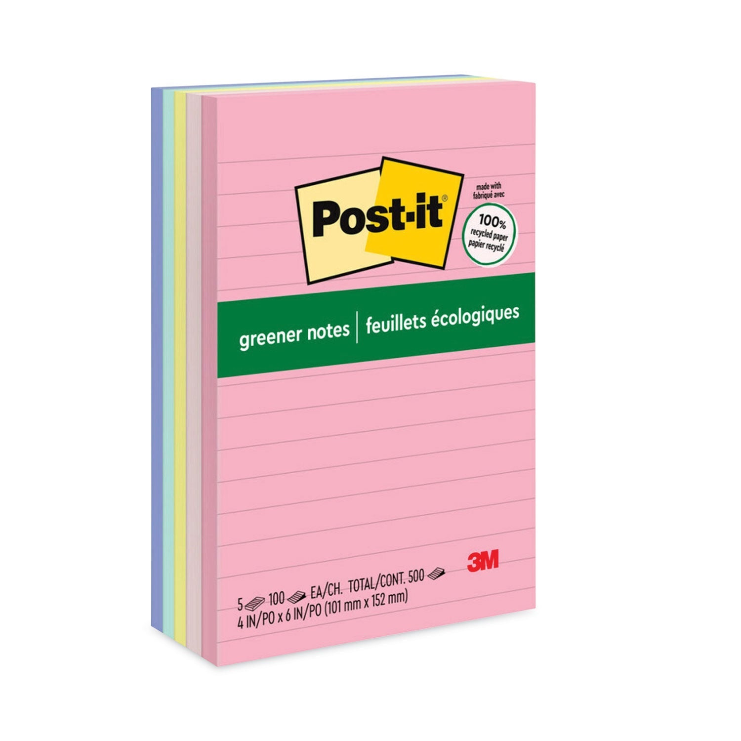 Post-it® Greener Notes Original Recycled Note Pads, Note Ruled, 4" x 6", Sweet Sprinkles Collection Colors, 100 Sheets/Pad, 5 Pads/Pack