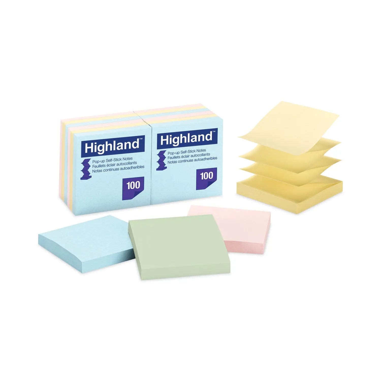 Highland™ Self-Stick Accordion-Style Notes, 3" x 3", Assorted Pastel Colors, 100 Sheets/Pad, 12 Pads/Pack