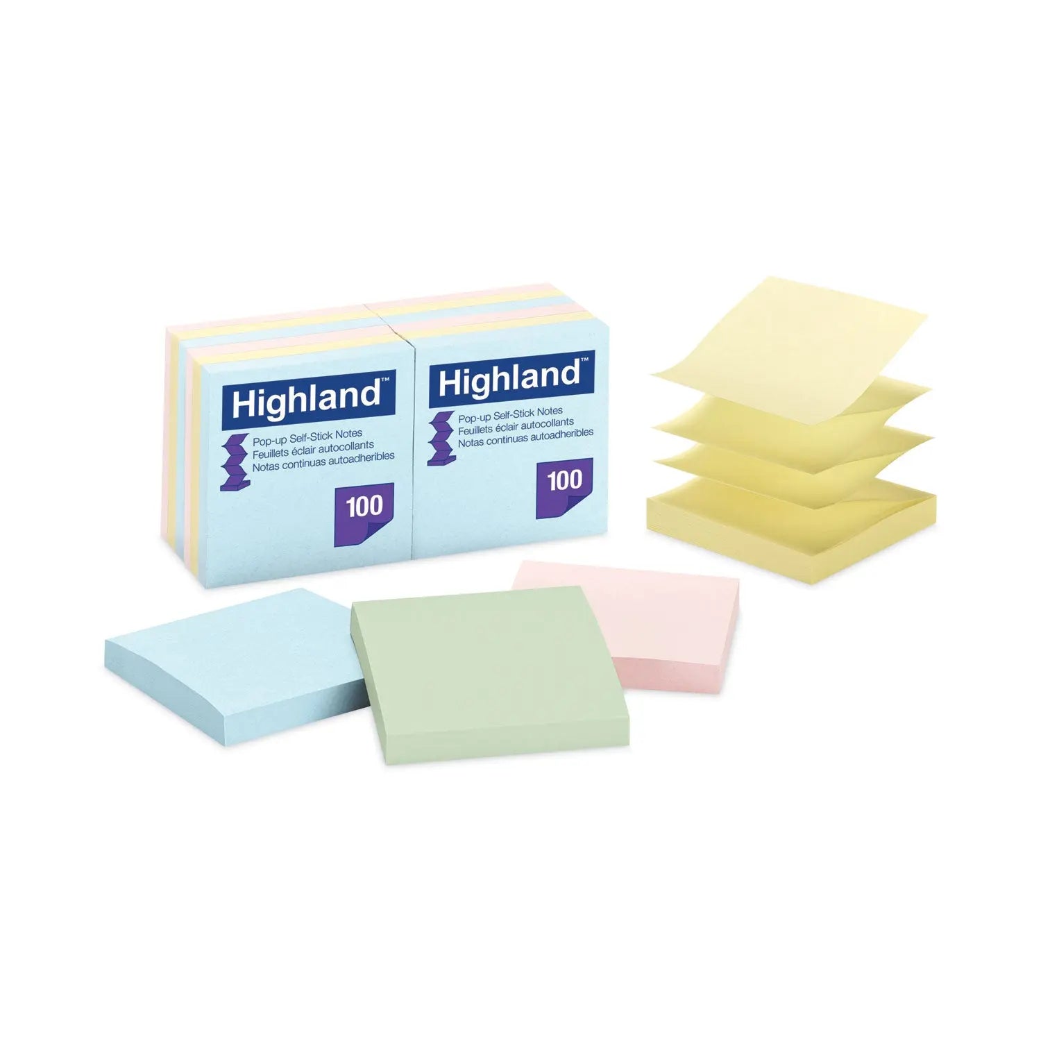 Highland™ Self-Stick Accordion-Style Notes, 3" x 3", Assorted Pastel Colors, 100 Sheets/Pad, 12 Pads/Pack
