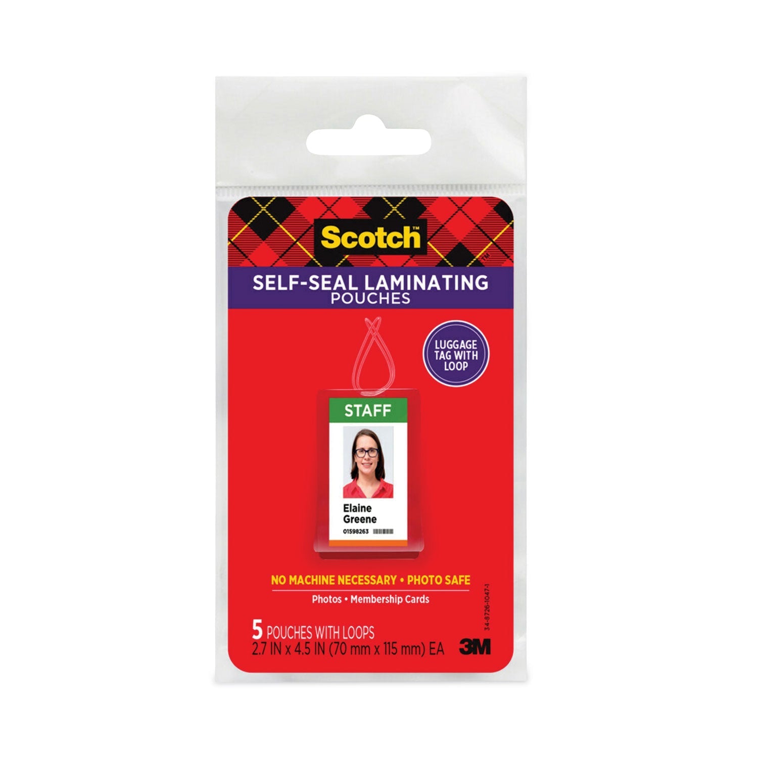 Scotch™ Self-Sealing Laminating Pouches, 12.5 Mil, 2.81" X 4.5", Gloss Clear, 5/pack