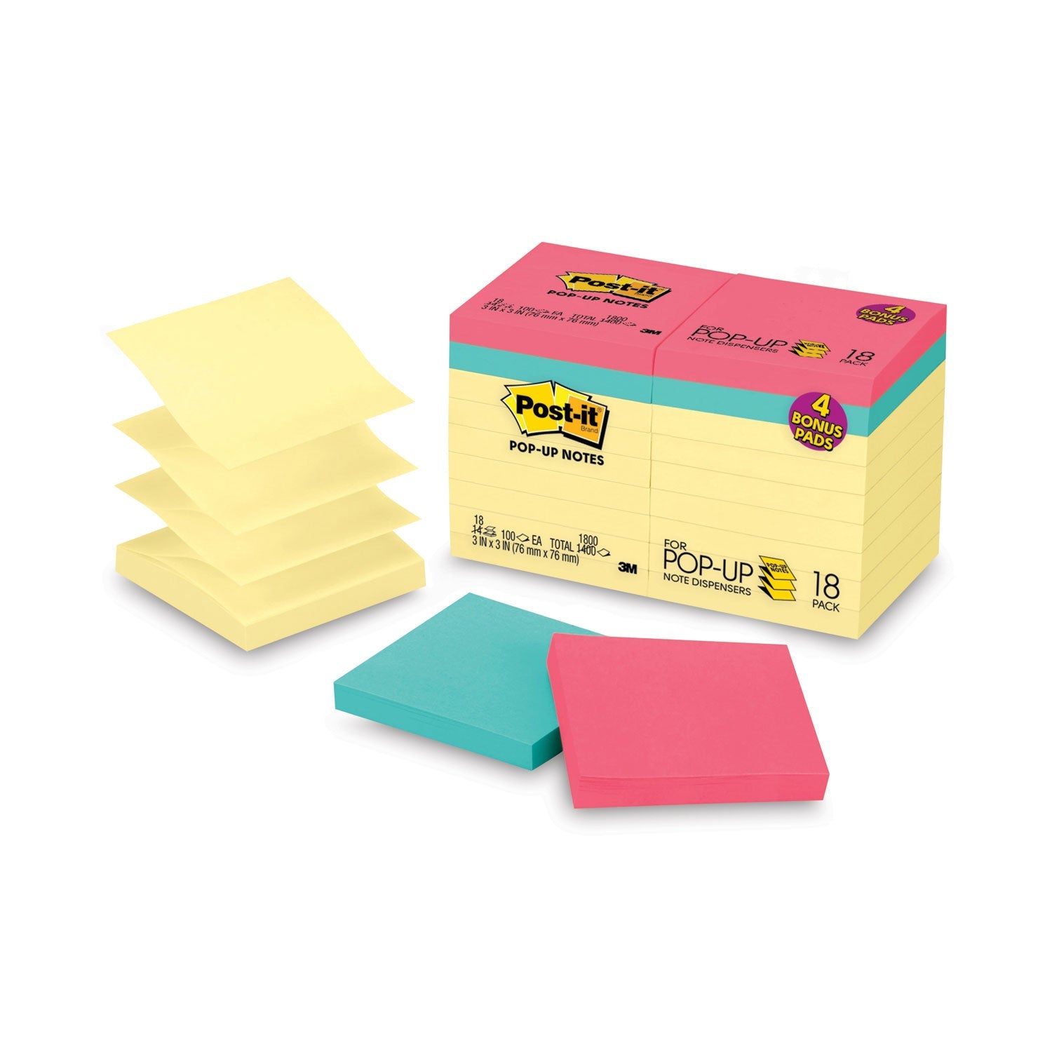 Post-it® Dispenser Notes Original Pop-up Notes Value Pack, 3 x 3, (14) Canary Yellow, (4) Poptimistic Collection Colors, 100 Sheets/Pad, 18 Pads/Pack