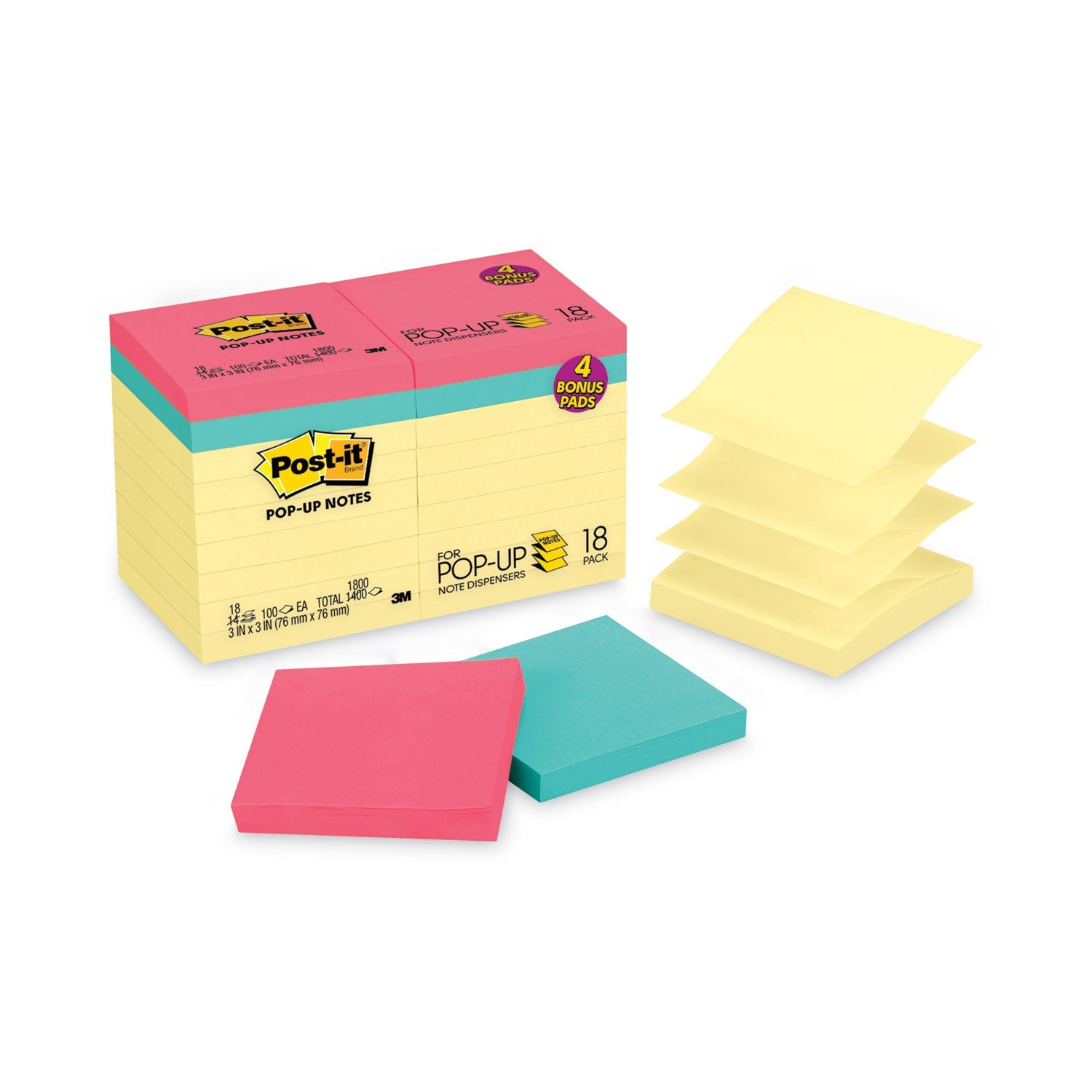 Post-it® Dispenser Notes Original Pop-up Notes Value Pack, 3 x 3, (14) Canary Yellow, (4) Poptimistic Collection Colors, 100 Sheets/Pad, 18 Pads/Pack