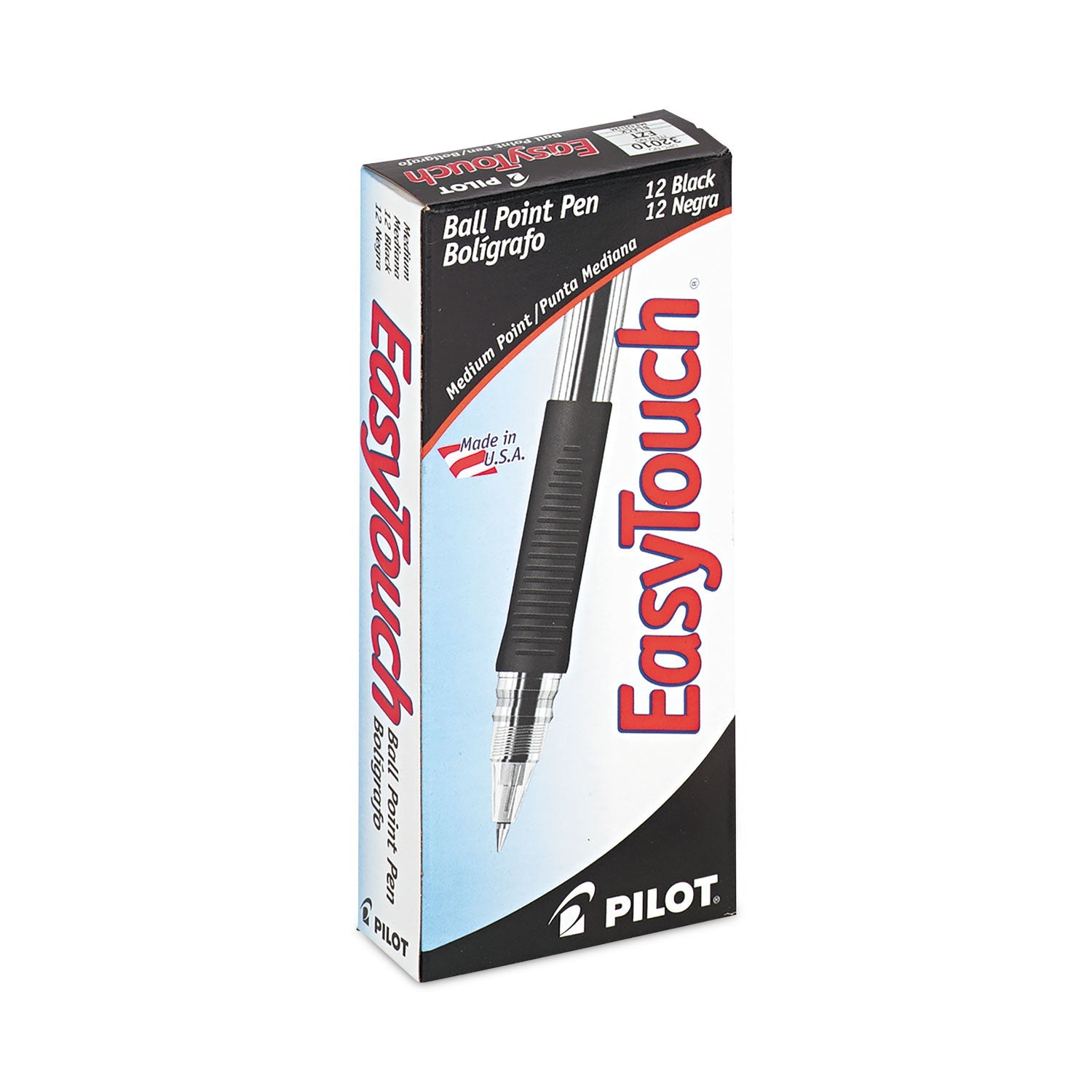 Pilot® EasyTouch Ballpoint Pen, Stick, Medium 1 mm, Black Ink, Clear/Black Barrel, Dozen