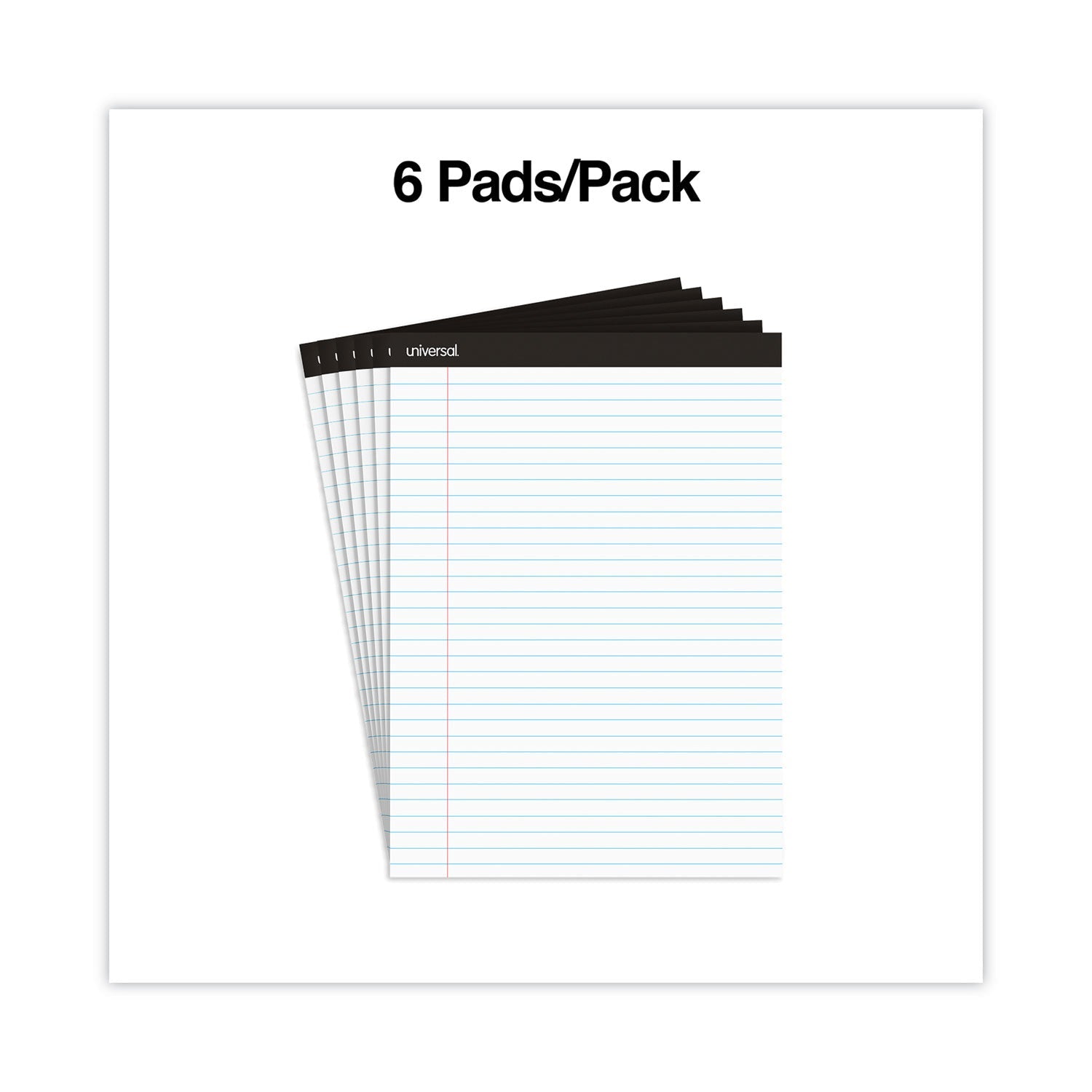 Universal® Premium Ruled Writing Pads With Heavy-Duty Back, Wide/legal Rule, Black Headband, 50 White 8.5 X 11 Sheets, 6/pack