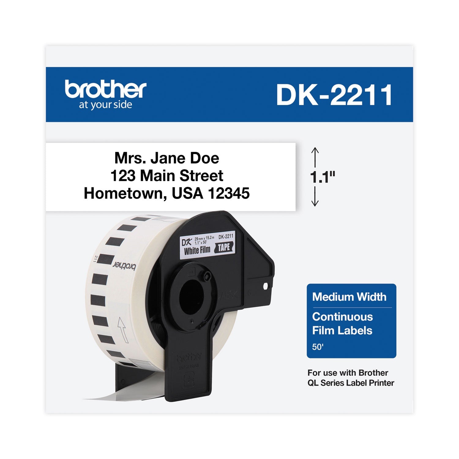 Brother Continuous Film Label Tape, 1.1" X 50 Ft Roll, White