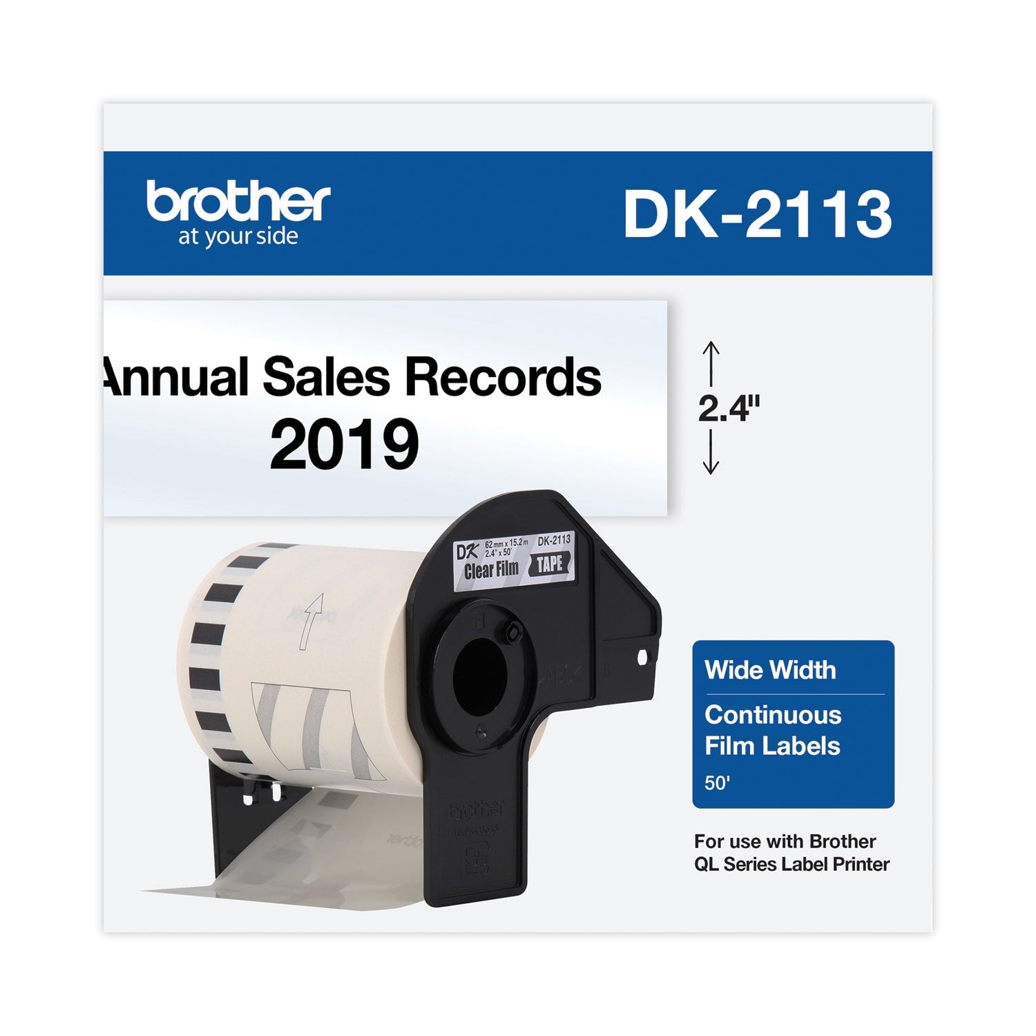 Brother Continuous Film Label Tape, 2.4" X 50 Ft Roll, Clear