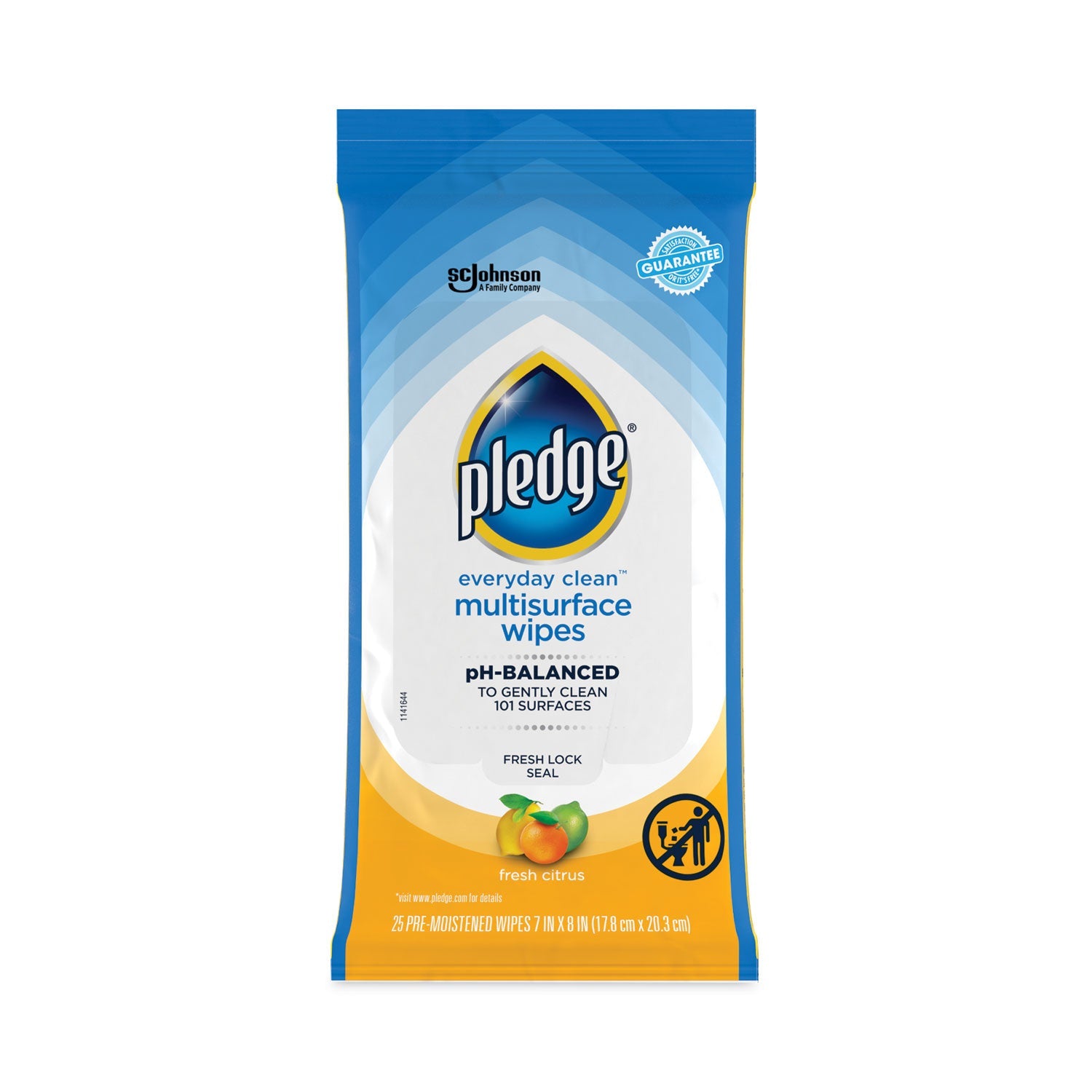 Pledge® Multi-Surface Cleaner Wet Wipes, Cloth, 7 x 10, Fresh Citrus, White, 25 Wipes