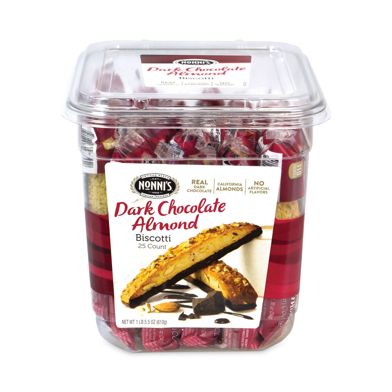 Nonni's® Biscotti, Dark Chocolate Almond, 1 lb 5 oz Tub, 25 Pieces/Tub, 1 Tub/Carton