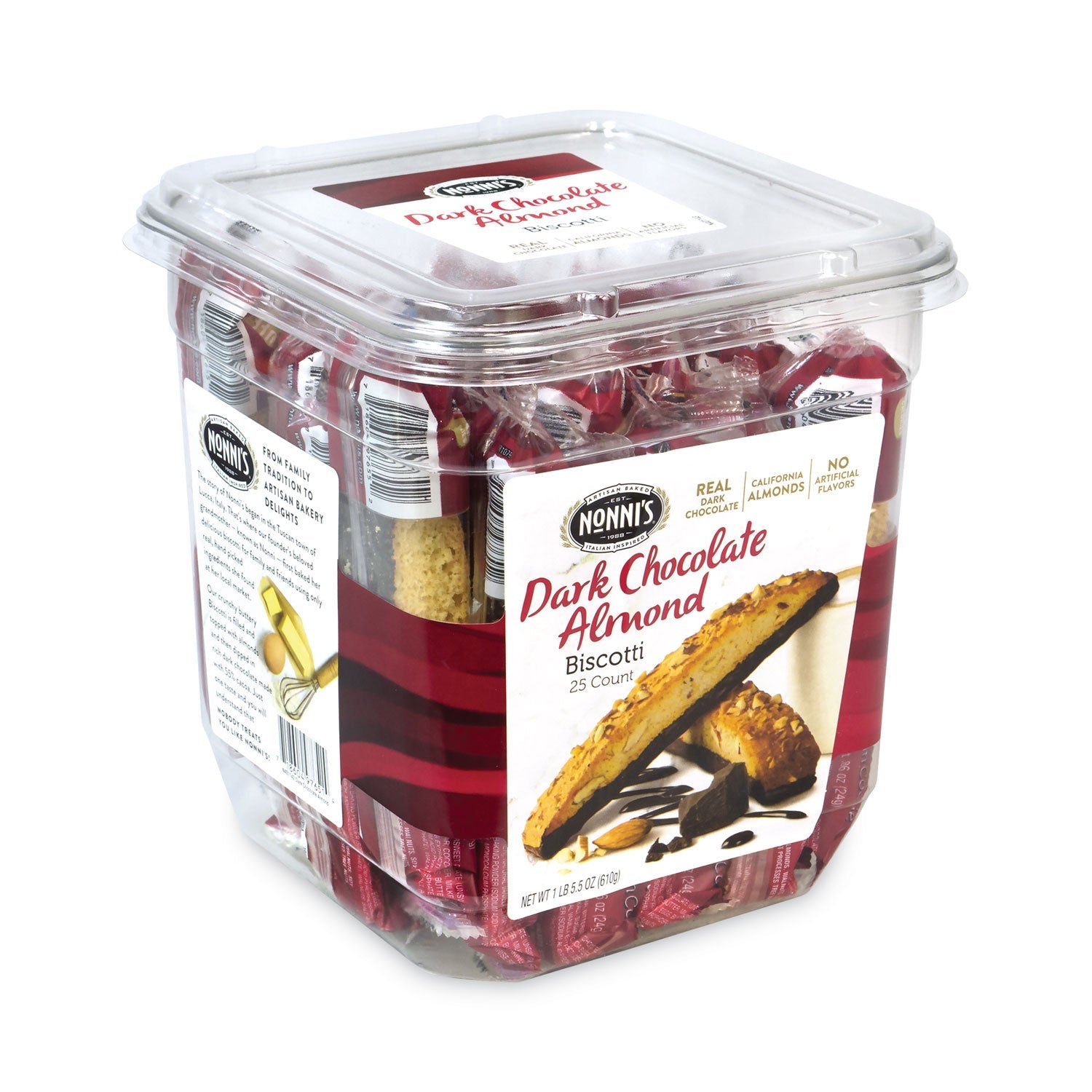 Nonni's® Biscotti, Dark Chocolate Almond, 1 lb 5 oz Tub, 25 Pieces/Tub, 1 Tub/Carton