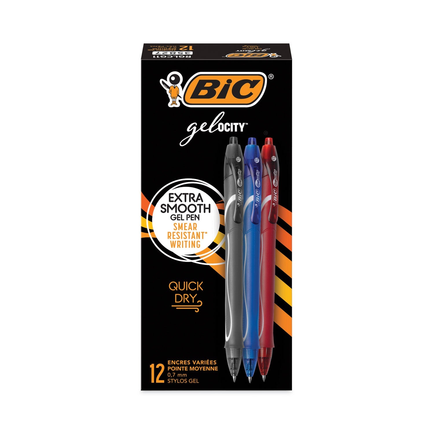 BIC® Gel-ocity Quick Dry Gel Pen, Retractable, Fine 0.7 mm, Assorted Ink and Barrel Colors, Dozen