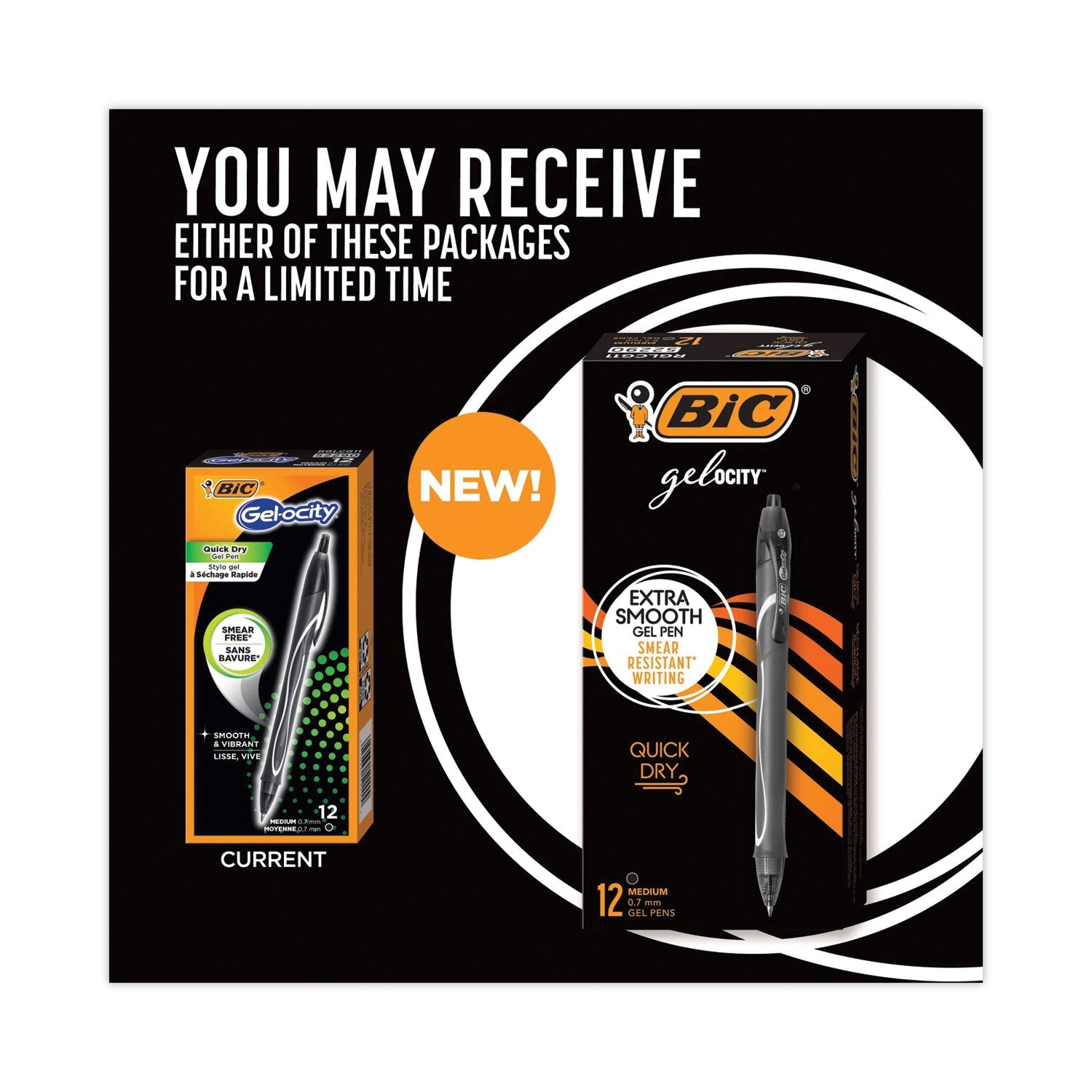 BIC® Gel-Ocity Quick Dry Gel Pen, Retractable, Medium 0.7 Mm, Black Ink, Black Barrel, Dozen