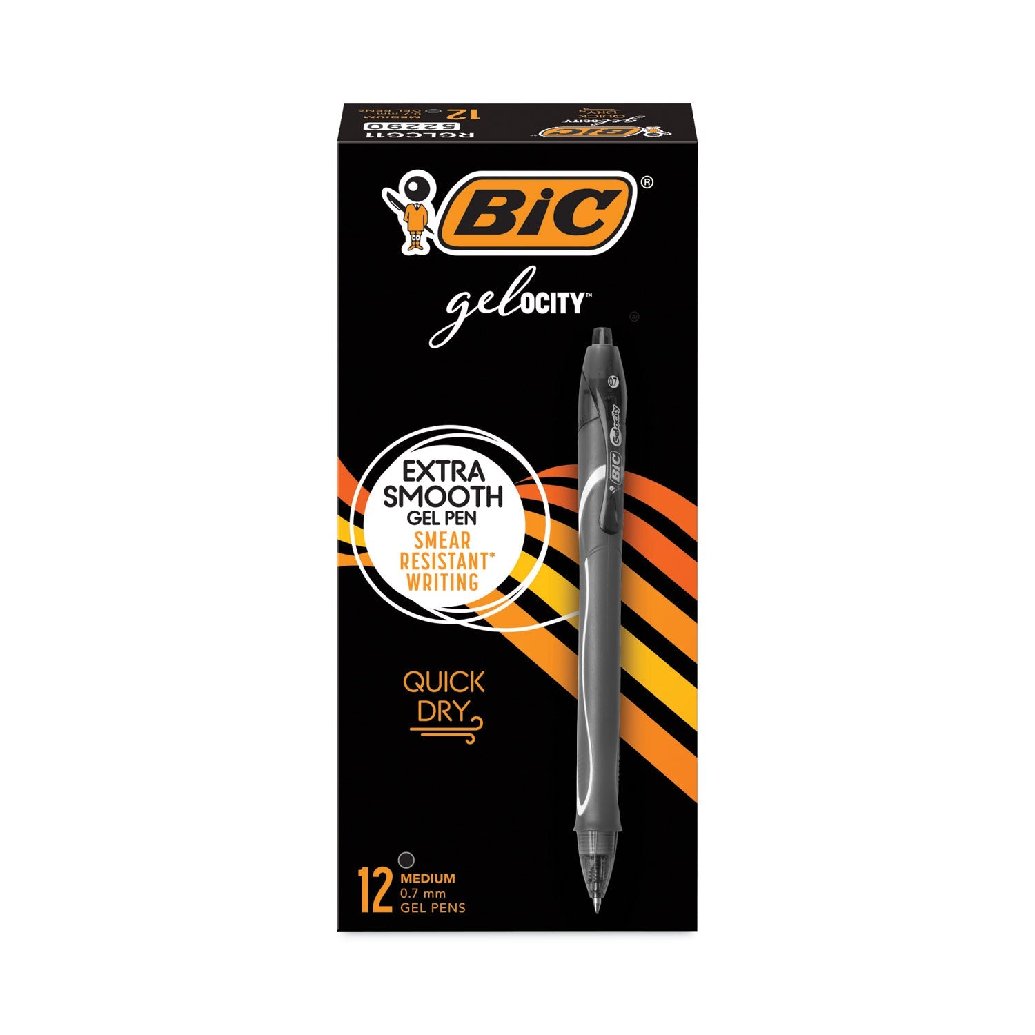 BIC® Gel-Ocity Quick Dry Gel Pen, Retractable, Medium 0.7 Mm, Black Ink, Black Barrel, Dozen