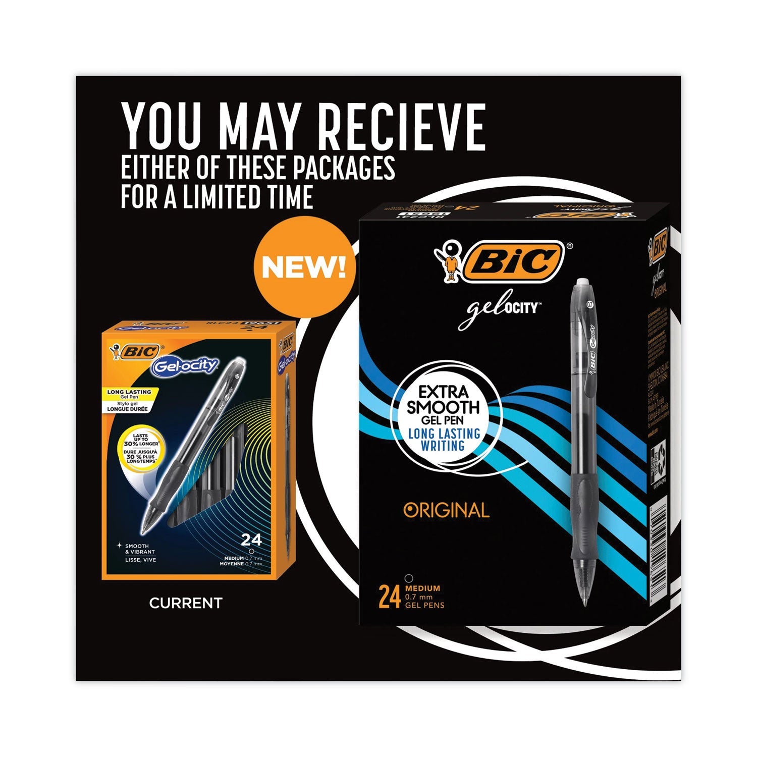 BIC® Gel-ocity Gel Pen Value Pack, Retractable, Medium 0.7 mm, Black Ink, Clear/Black Barrel, 24/Pack
