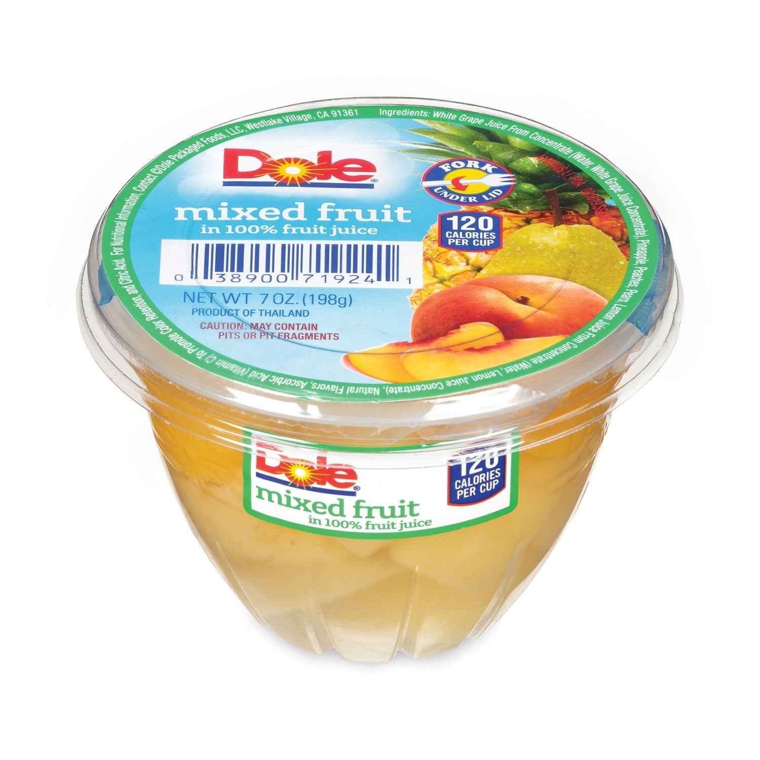 Dole® Mixed Fruit in 100% Fruit Juice Cups, Peaches/Pears/Pineapple, 7 oz Cup, 12/Carton