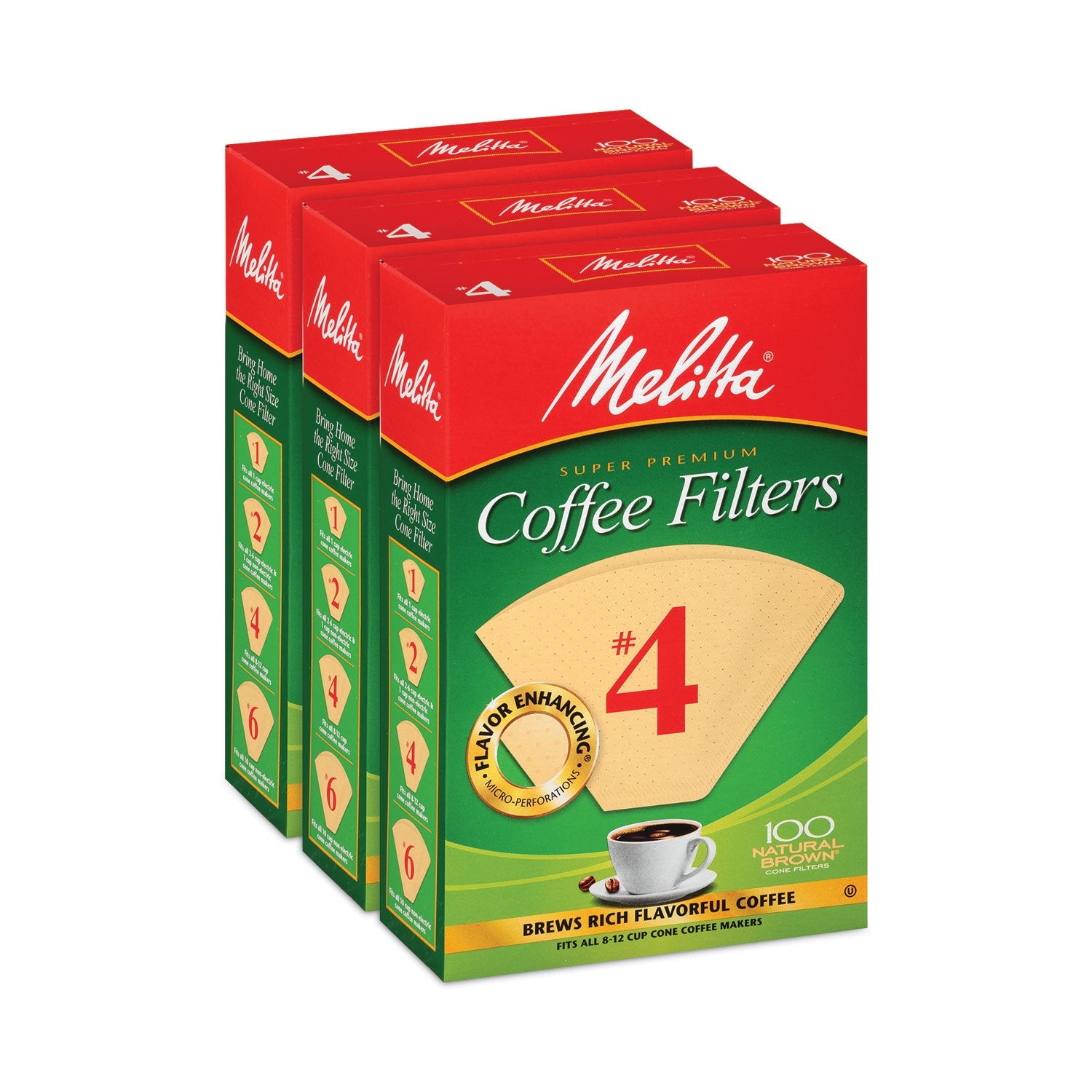 Melitta® Melitta Coffee Filters, #4, 8 to 12 Cup Size, Cone Style, 100 Filters/Pack, 3/Pack