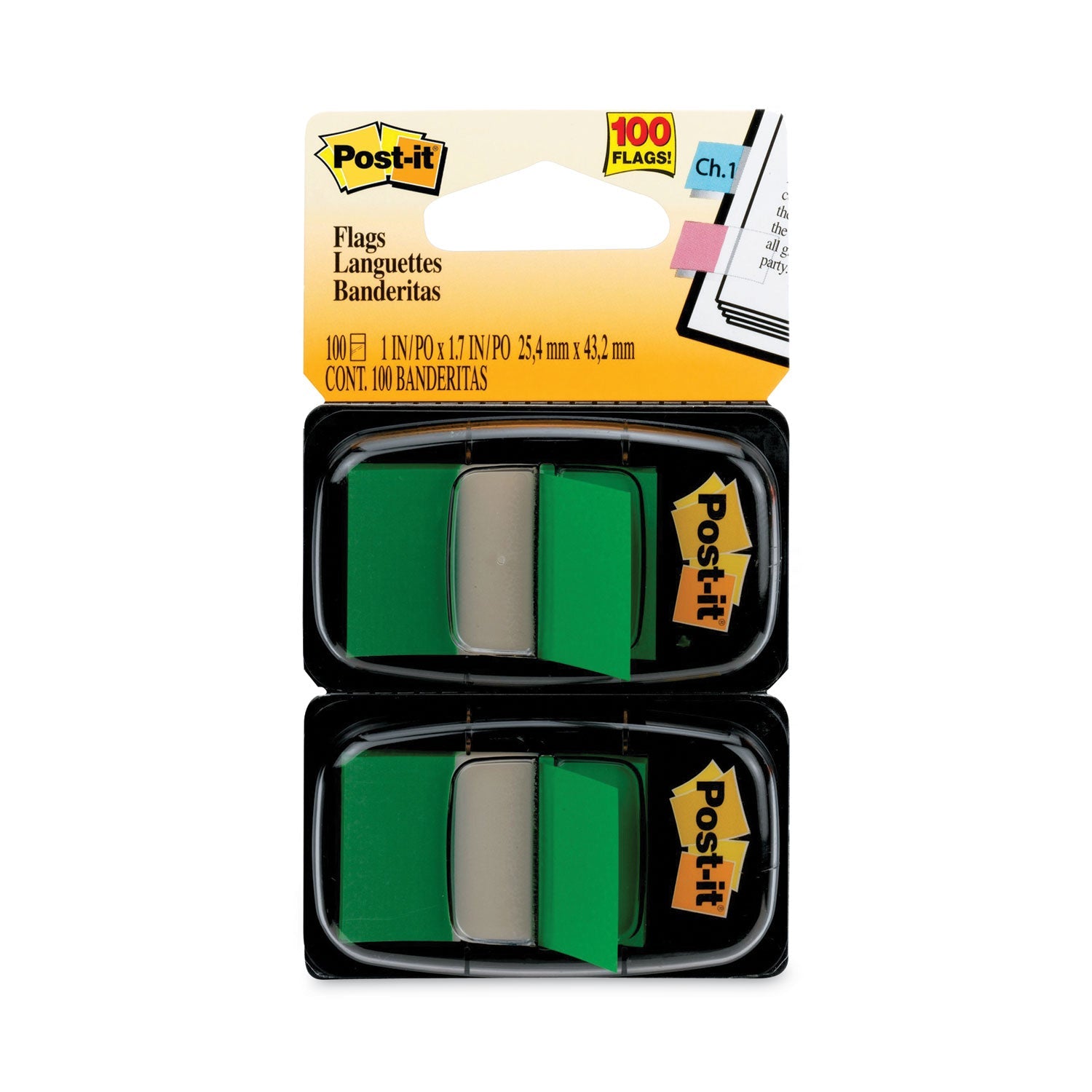 Post-it® Flags Standard Page Flags in Dispenser, Green, 50 Flags/Dispenser, 2 Dispensers/Pack