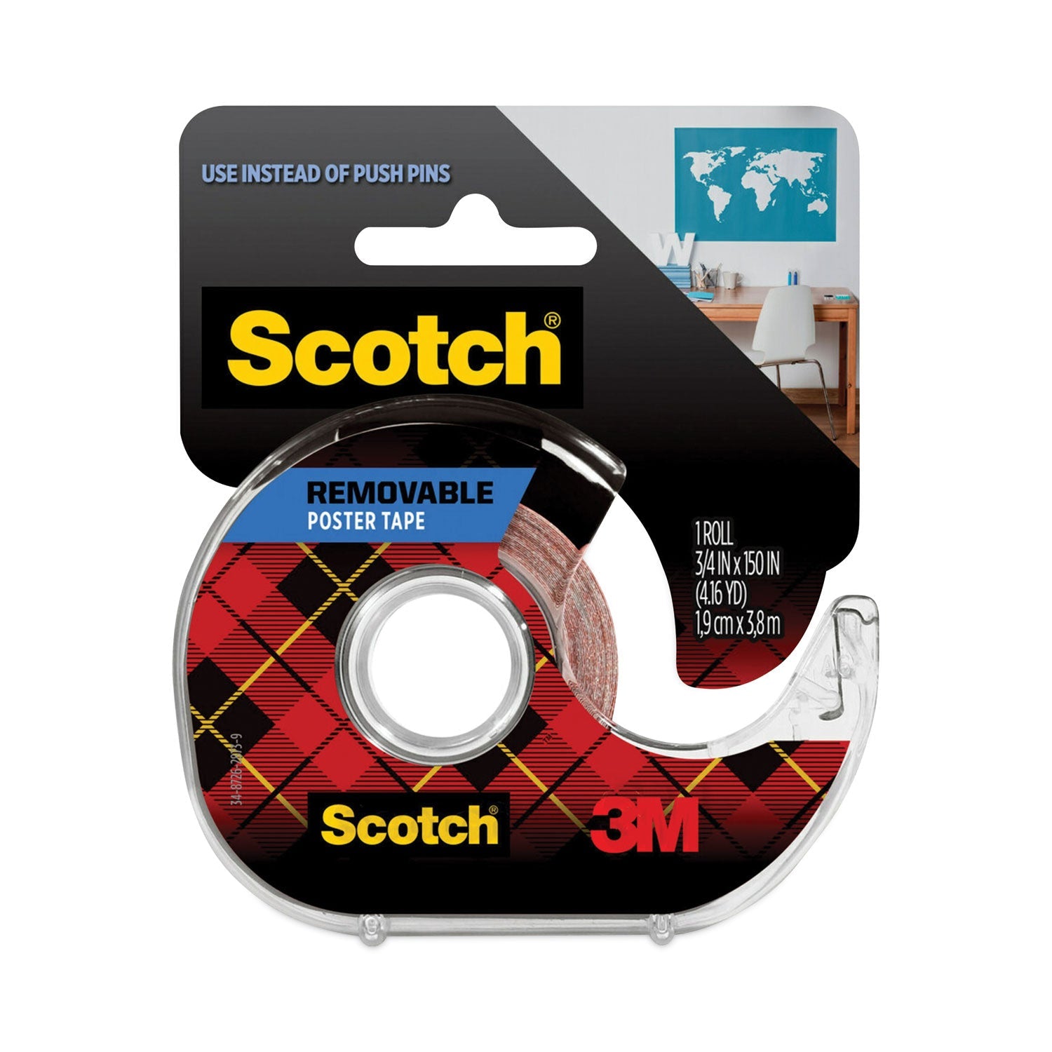 Scotch® Wallsaver Removable Poster Tape With Dispenser, 1" Core, 0.75" X 12.5 Ft, Clear