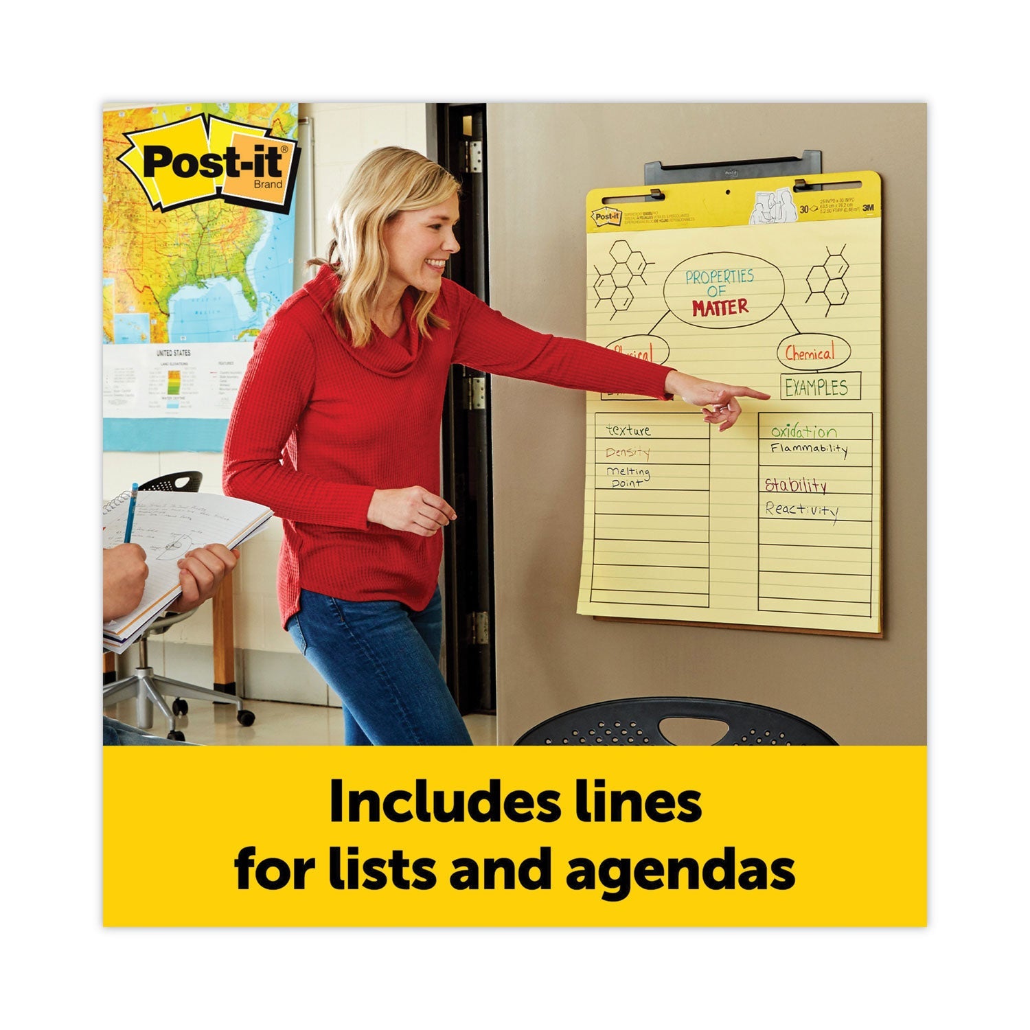 Post-it® Easel Pads Super Sticky Vertical-Orientation Self-Stick Easel Pads, Presentation Format (1.5" Rule), 25 x 30, Yellow, 30 Sheets, 2/Carton