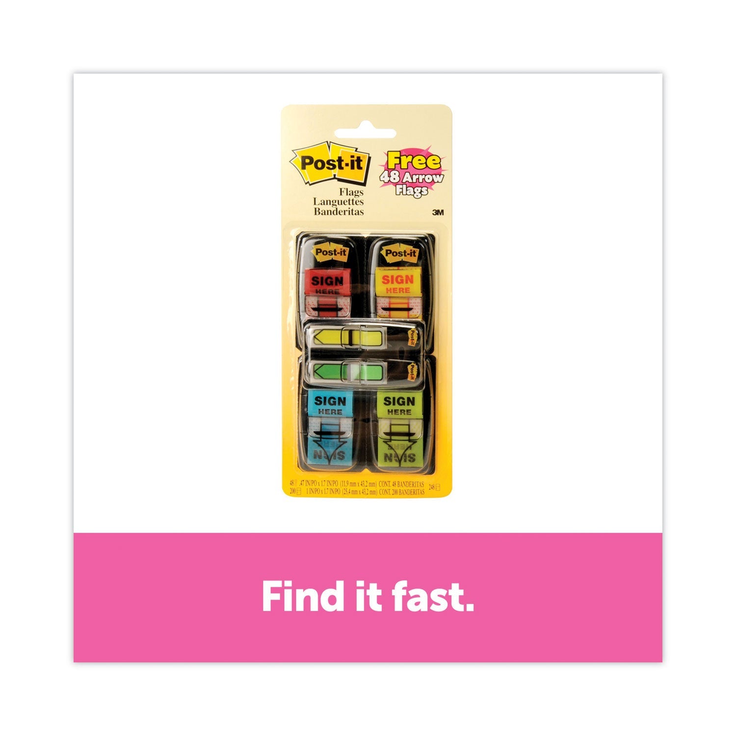 Post-it® Flags Arrow Message 1" Page Flags, 200 "Sign Here", 48 Arrow, Four Colors, 248/Pack