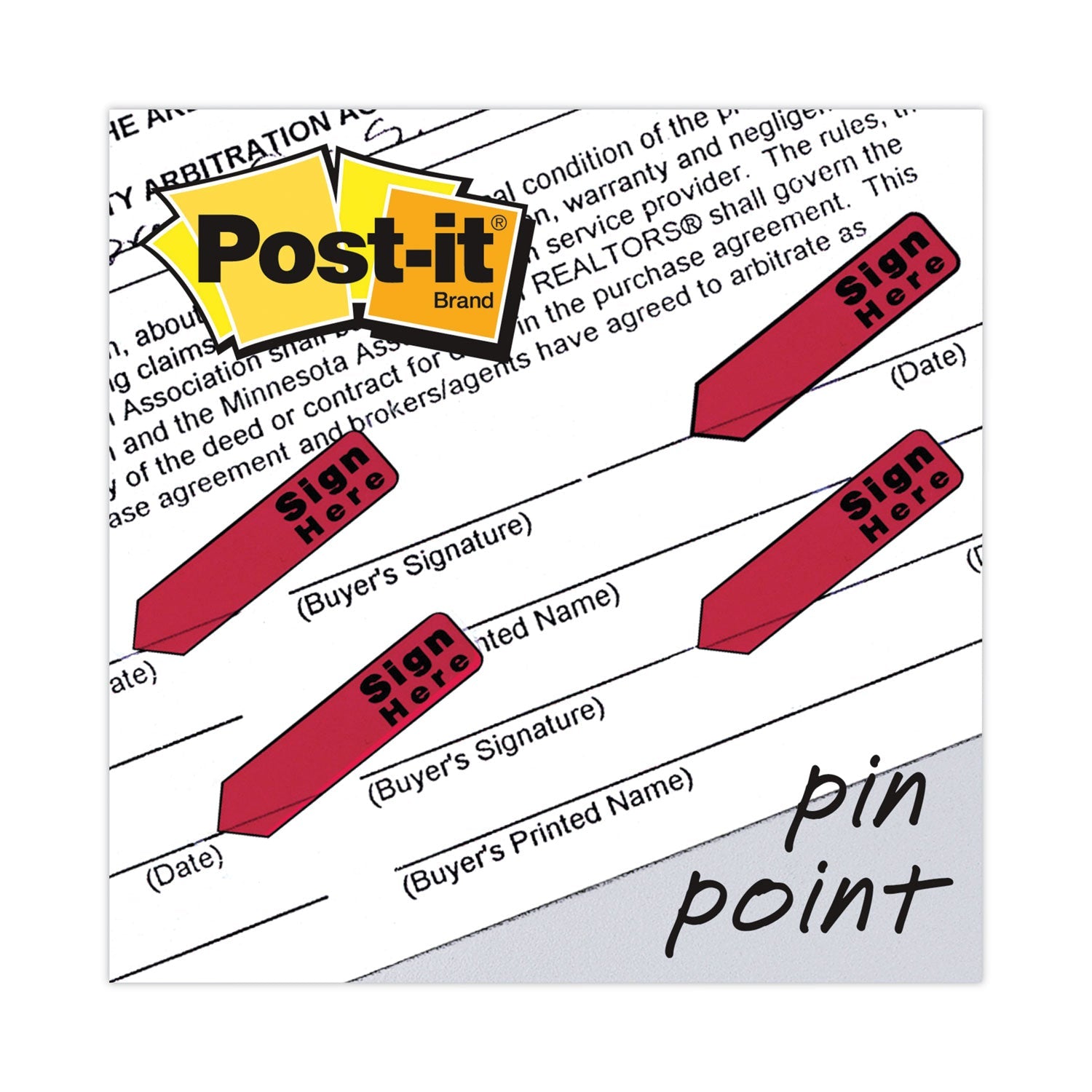 Post-it® Flags Arrow Message 0.5" Page Flags in Dispenser, "Sign Here", Red, 20 Flags Dispenser, 4 Dispensers/Pack