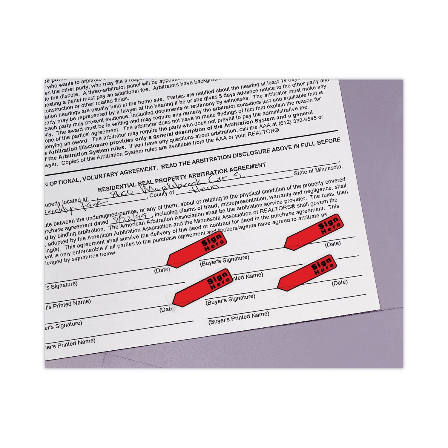 Post-it® Flags Arrow Message 0.5" Page Flags in Dispenser, "Sign Here", Red, 20 Flags Dispenser, 4 Dispensers/Pack