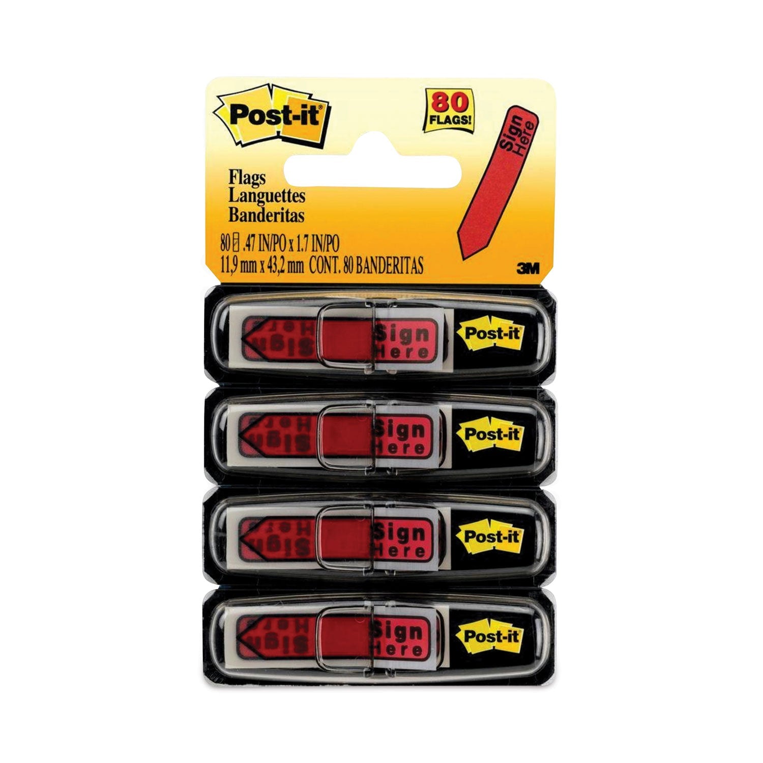 Post-it® Flags Arrow Message 0.5" Page Flags in Dispenser, "Sign Here", Red, 20 Flags Dispenser, 4 Dispensers/Pack