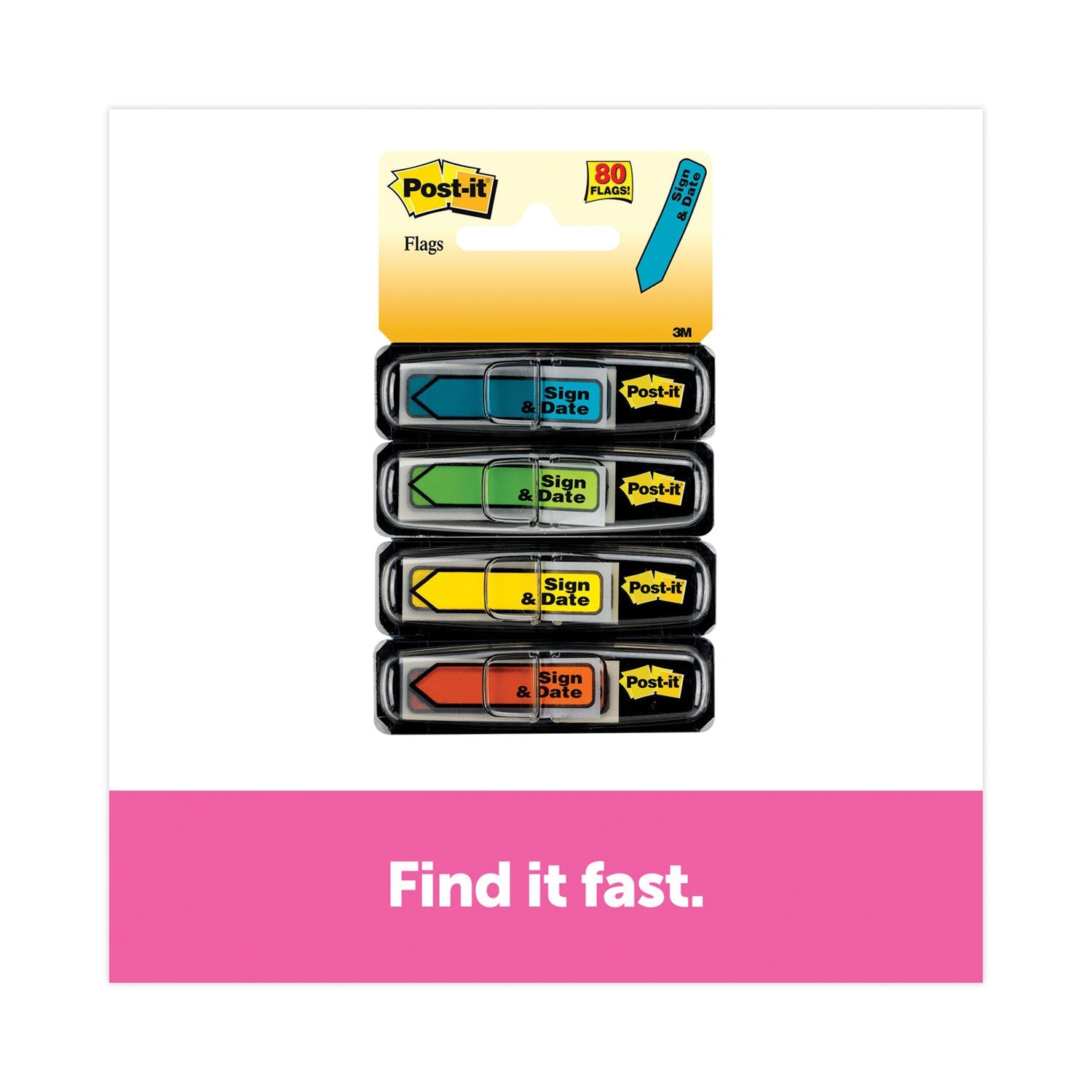 Post-it® Flags Arrow Message 0.5" Page Flags, Sign and Date, 4 Primary Colors, 20 Flags/Dispenser, 4 Dispensers/Pack