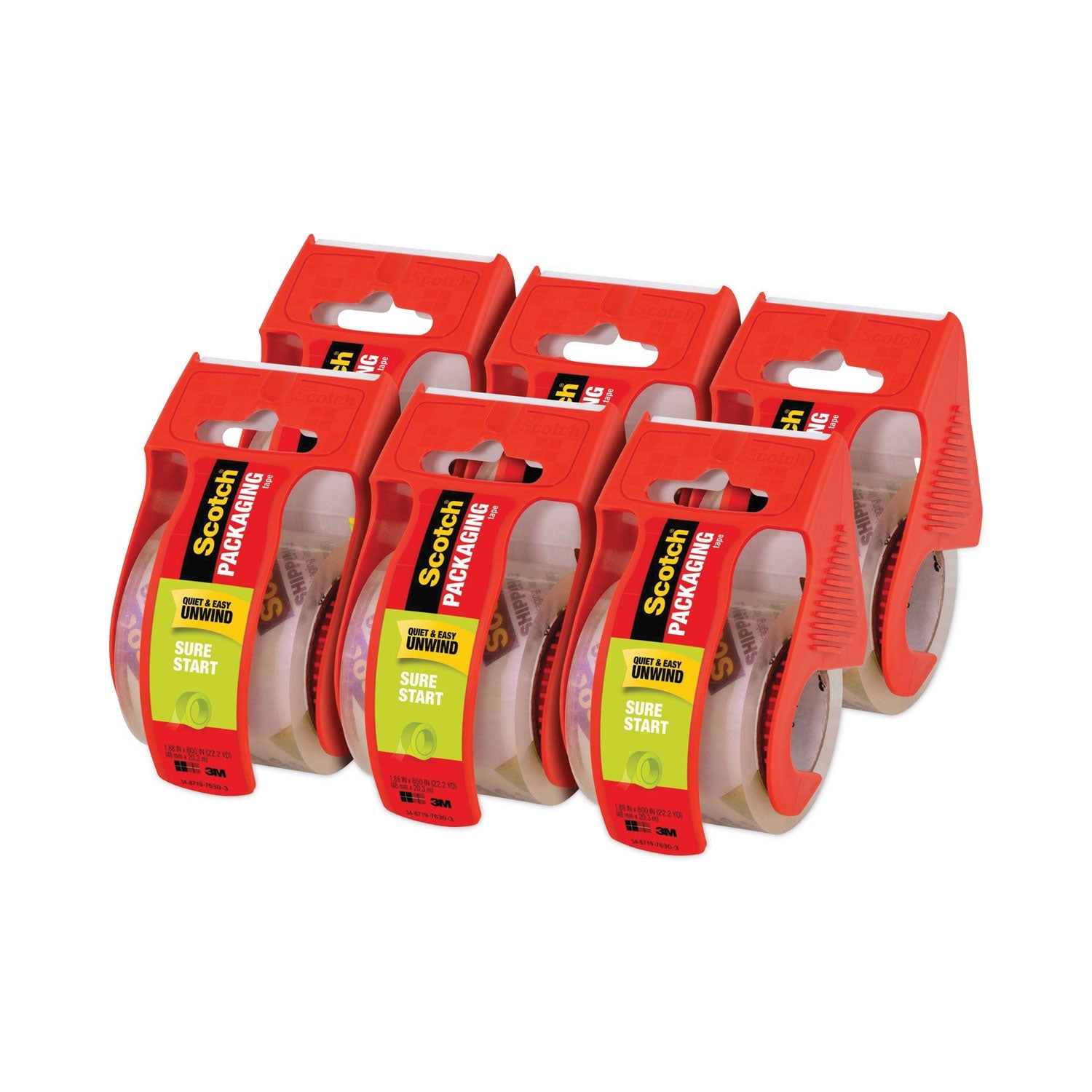 Scotch® Sure Start Packaging Tape With Dispenser, 1.5" Core, 1.88" X 22.2 Yds, Clear, 6/pack