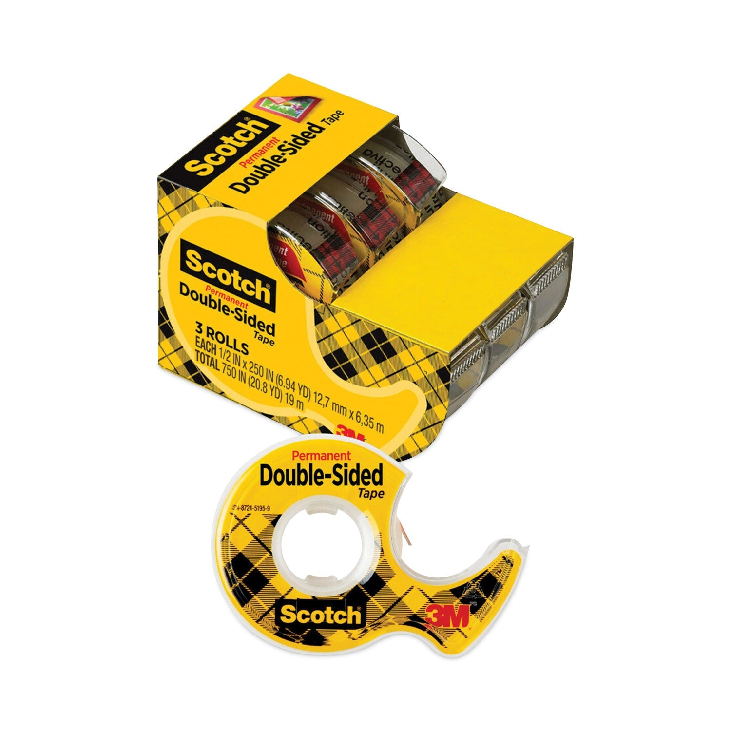 Scotch® Double-Sided Permanent Tape In Handheld Dispenser, 1" Core, 0.5" X 20.83 Ft, Clear, 3/pack