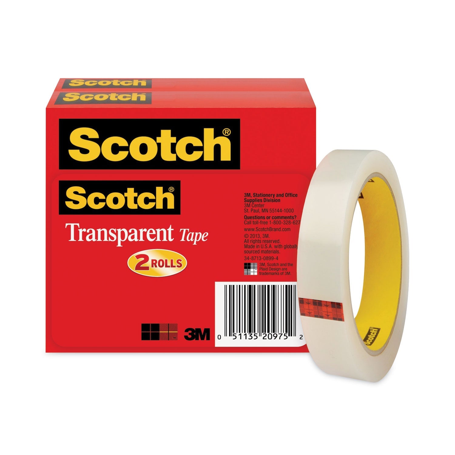 Scotch® Transparent Tape, 3" Core, 0.75" X 72 Yds, Transparent, 2/pack
