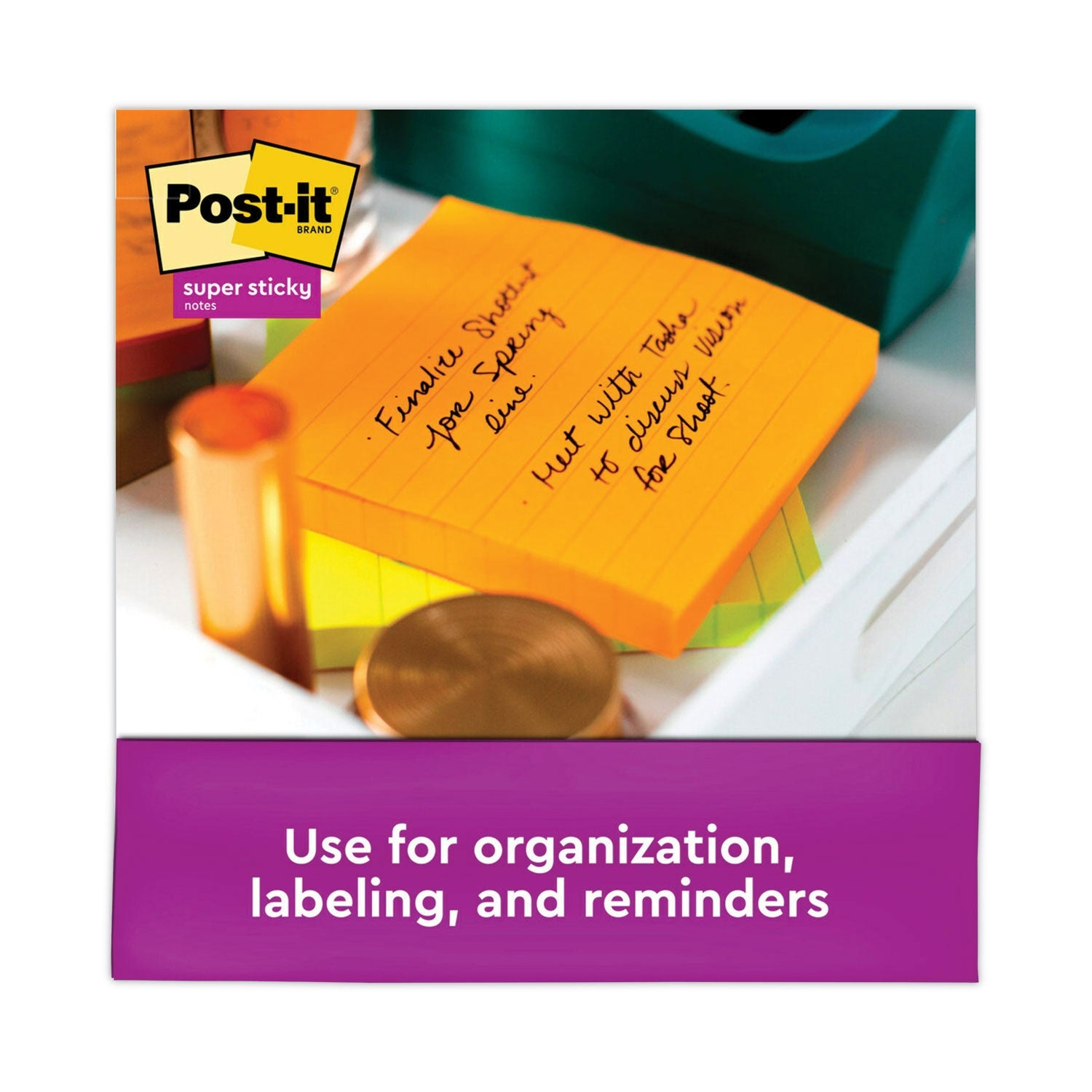 Post-it® Notes Super Sticky Pads in Energy Boost Collection Colors, Note Ruled, 4" x 4", 90 Sheets/Pad, 6 Pads/Pack
