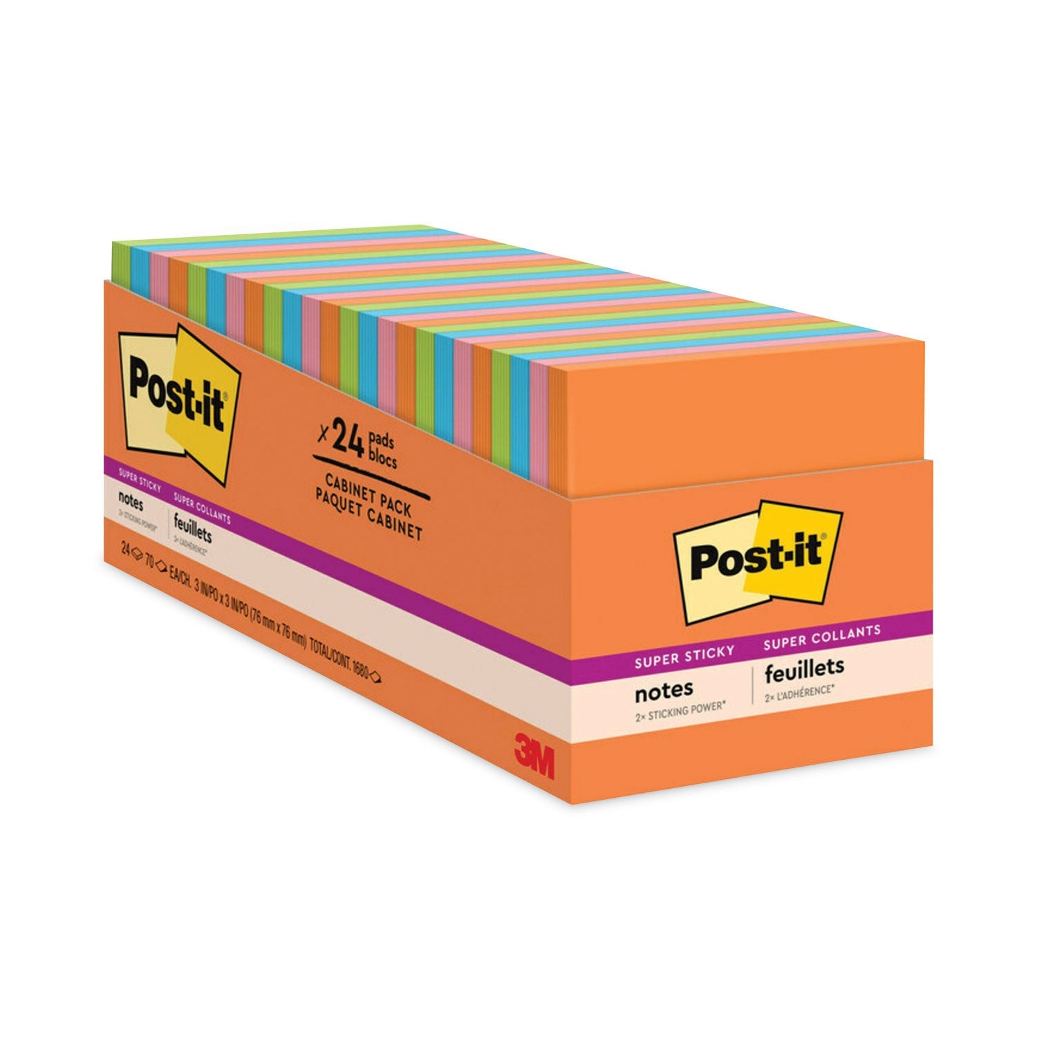 Post-it® Notes Super Sticky Pads in Energy Boost Collection Colors, Cabinet Pack, 3" x 3", 70 Sheets/Pad, 24 Pads/Pack