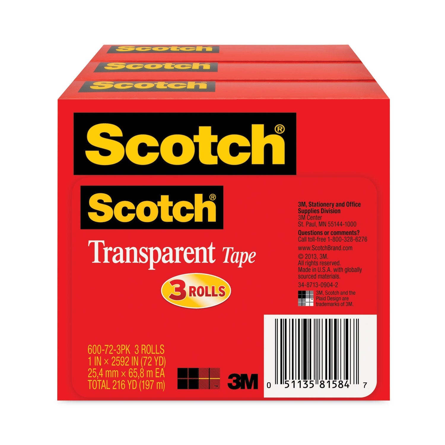 Scotch® Transparent Tape, 3" Core, 1" X 72 Yds, Transparent, 3/pack