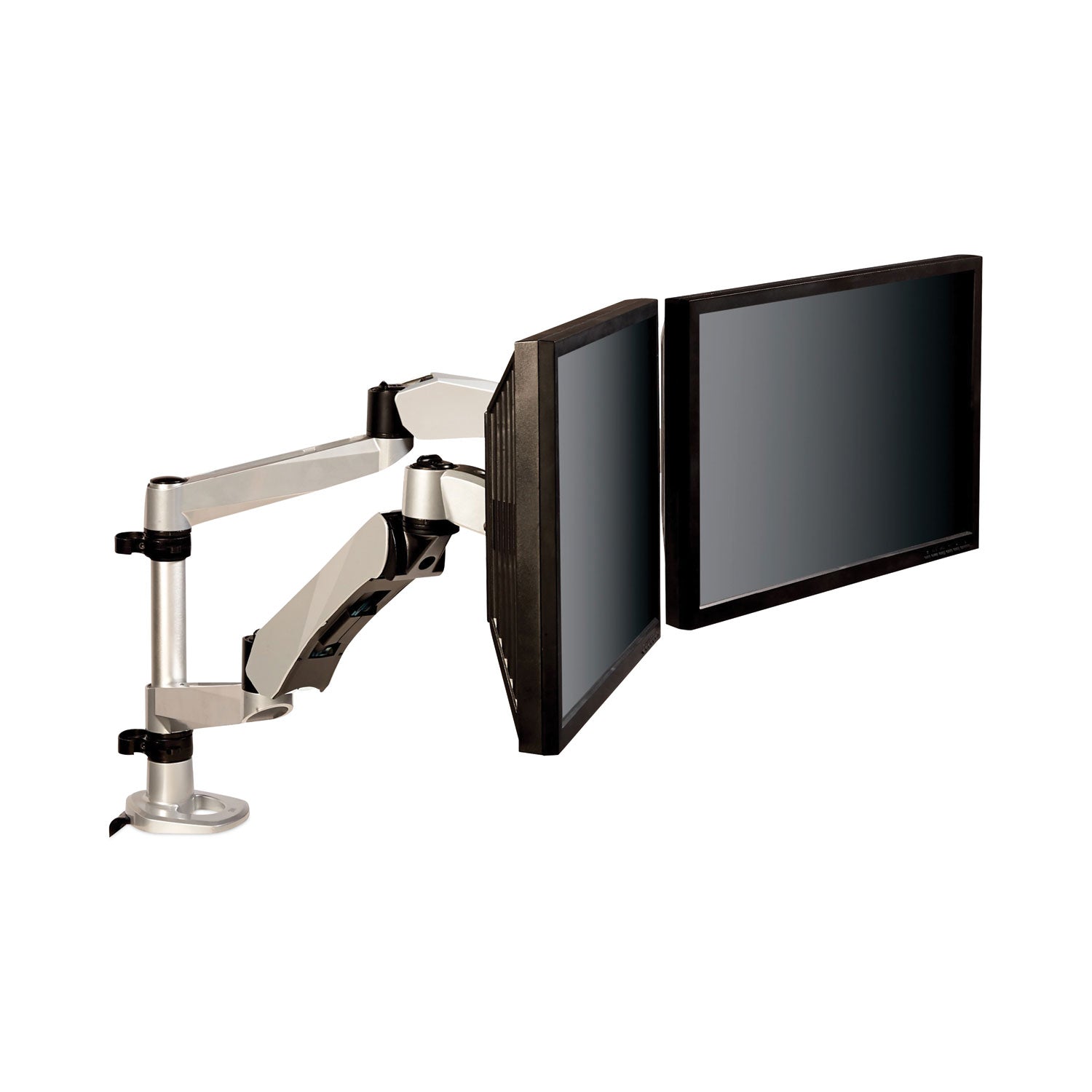 3M™ Easy-Adjust Desk Dual Arm Mount For 27" Monitors, 360 Deg Rotation, +90/-15 Deg Tilt, 360 Deg Pan, Silver, Supports 20 Lb