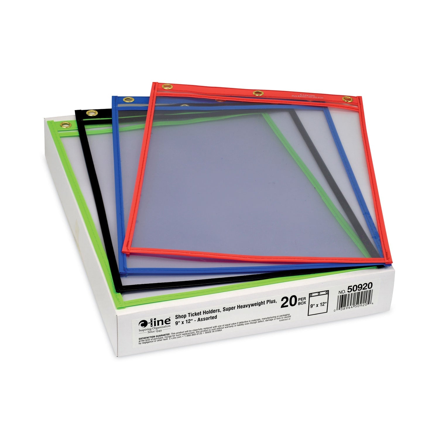 C-Line® Heavy-Duty Super Heavyweight Plus Stitched Shop Ticket Holders, Clear/Assorted, 9 X 12, 20/Box