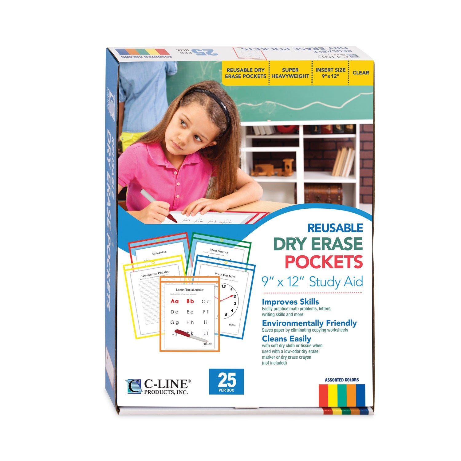 C-Line® Reusable Dry Erase Pockets, 9 X 12, Assorted Primary Colors, 25/box