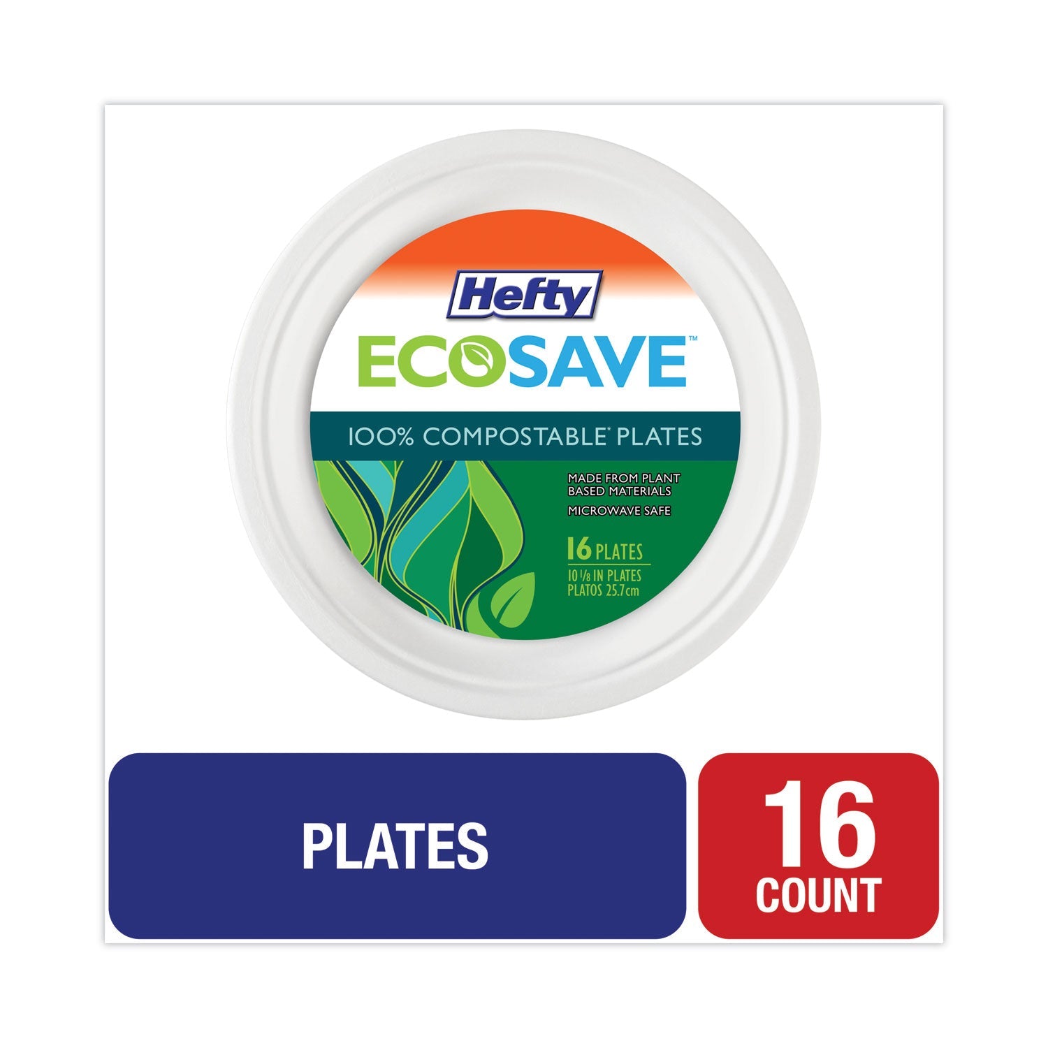 Hefty® ECOSAVE Tableware, Plate, Sugarcane, 10.13" dia, White, 16/Pack