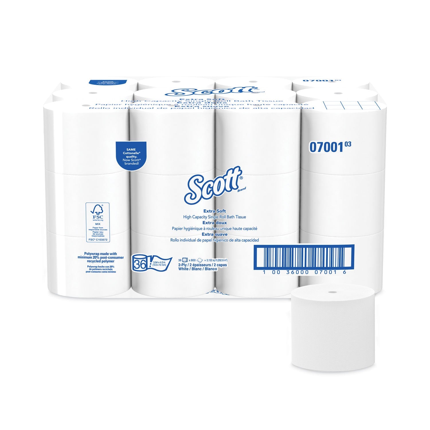 Scott® Essential Extra Soft Coreless Standard Roll Bath Tissue, Septic Safe, 2-Ply, White, 800 Sheets/roll, 36 Rolls/carton