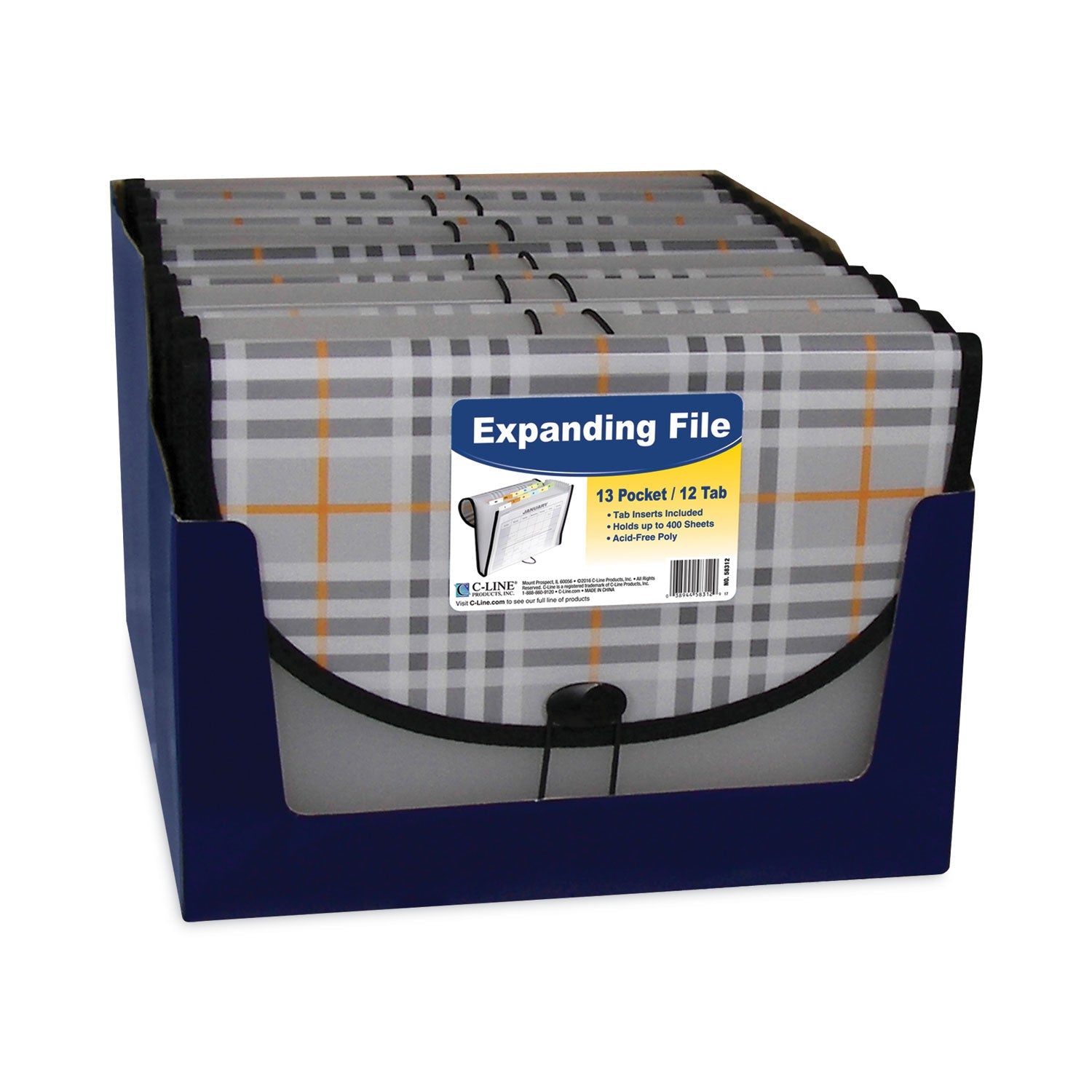 C-Line® Plaid Design Expanding Files, 1.5" Expansion, 13 Sections, Cord/Hook Closure, 1/6-Cut Tabs, Letter Size, Gray Plaid