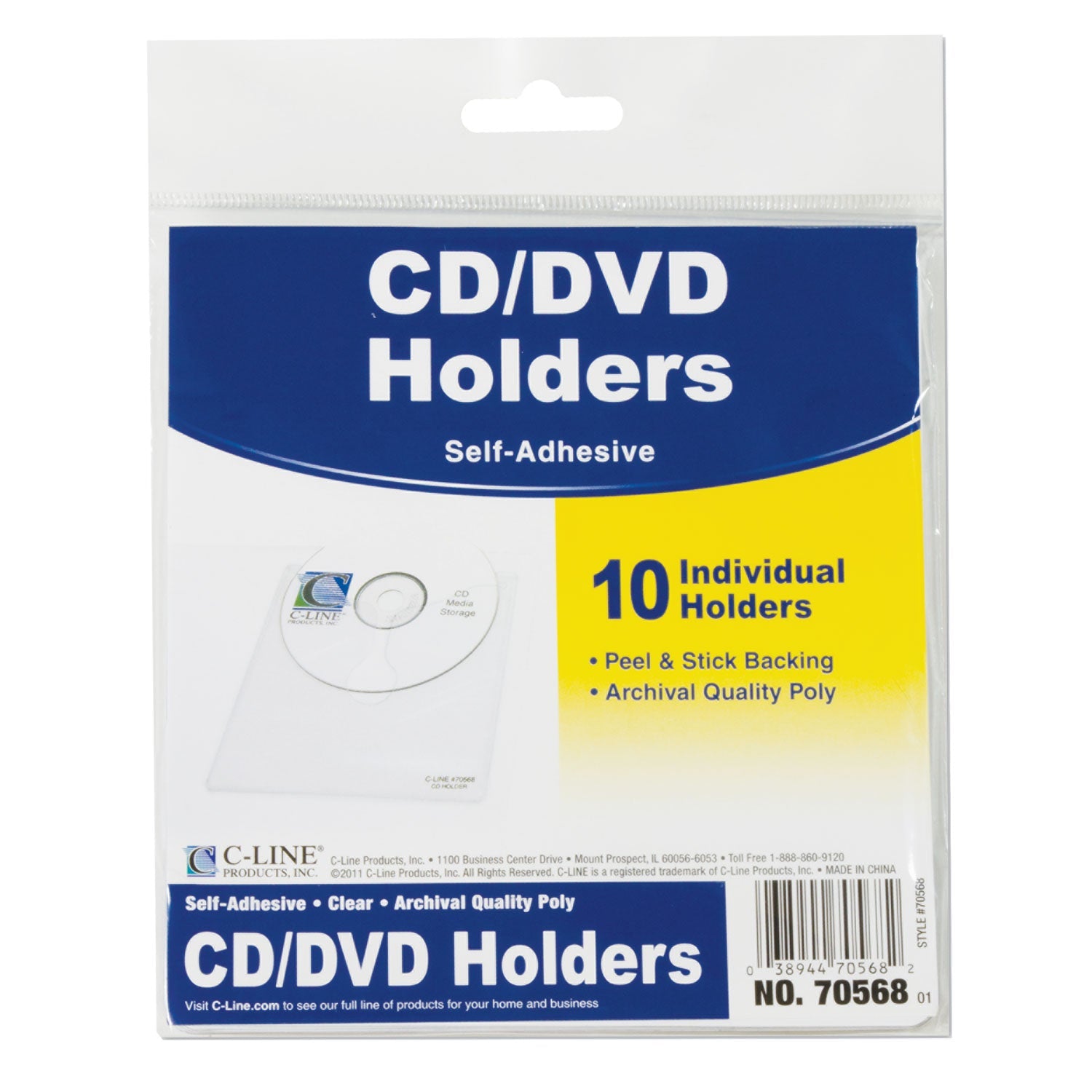 C-Line® Self-Adhesive CD Holder, 1 Disc Capacity, Clear, 10/Pack