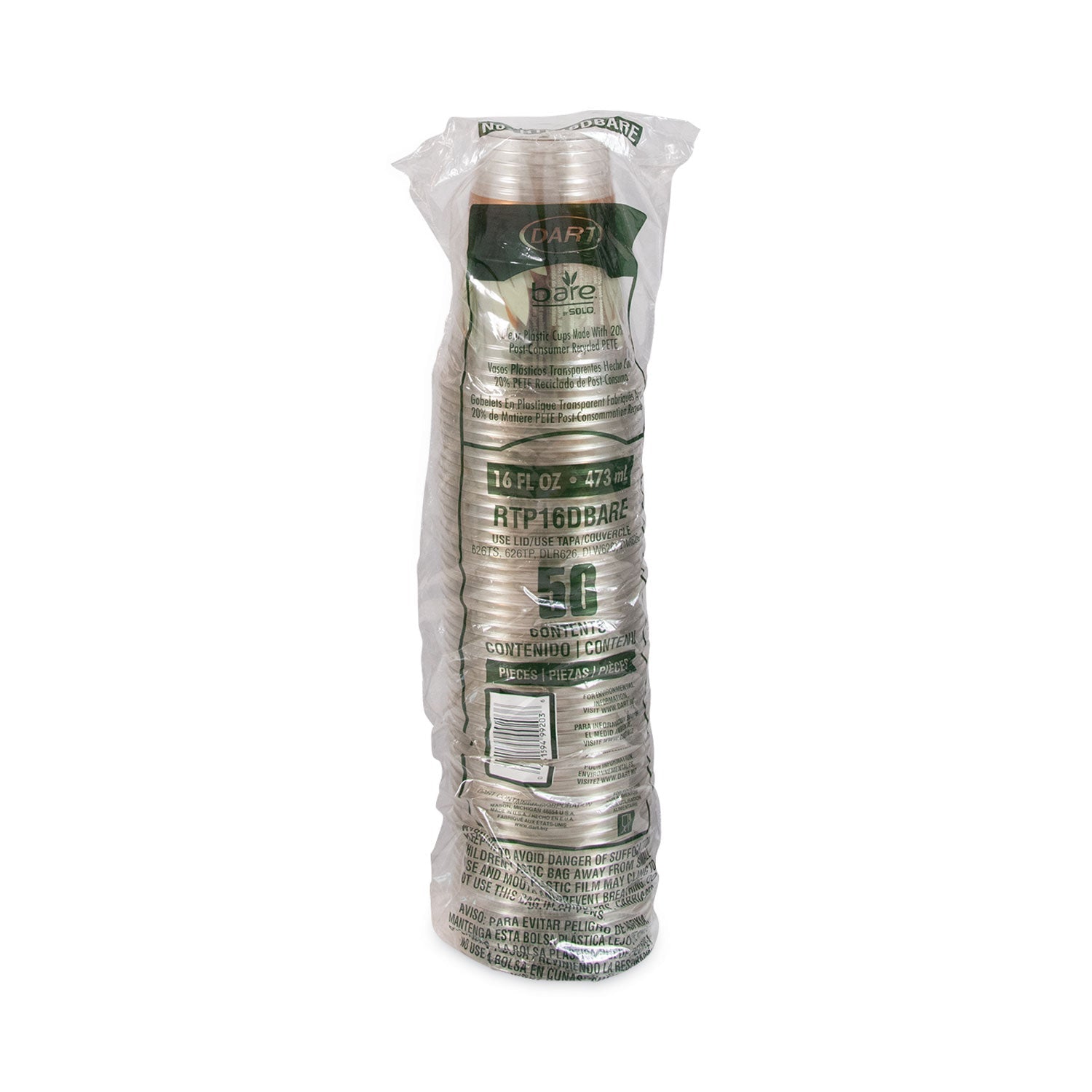 Dart® Bare Eco-Forward RPET Cold Cups, 16 oz to 18 oz, Plastic, Leaf Design, 50/Pack