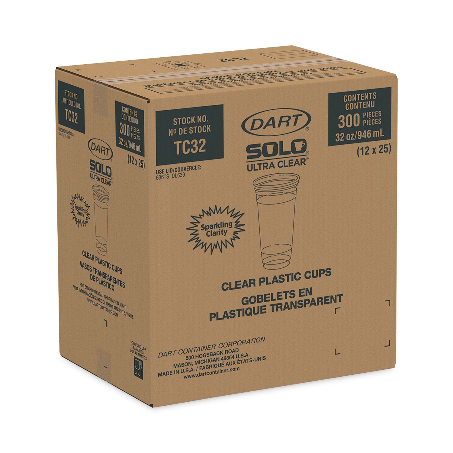 Dart® Ultra Clear PETE Cold Cups, 32 oz, Plastic, Clear, 300/Carton