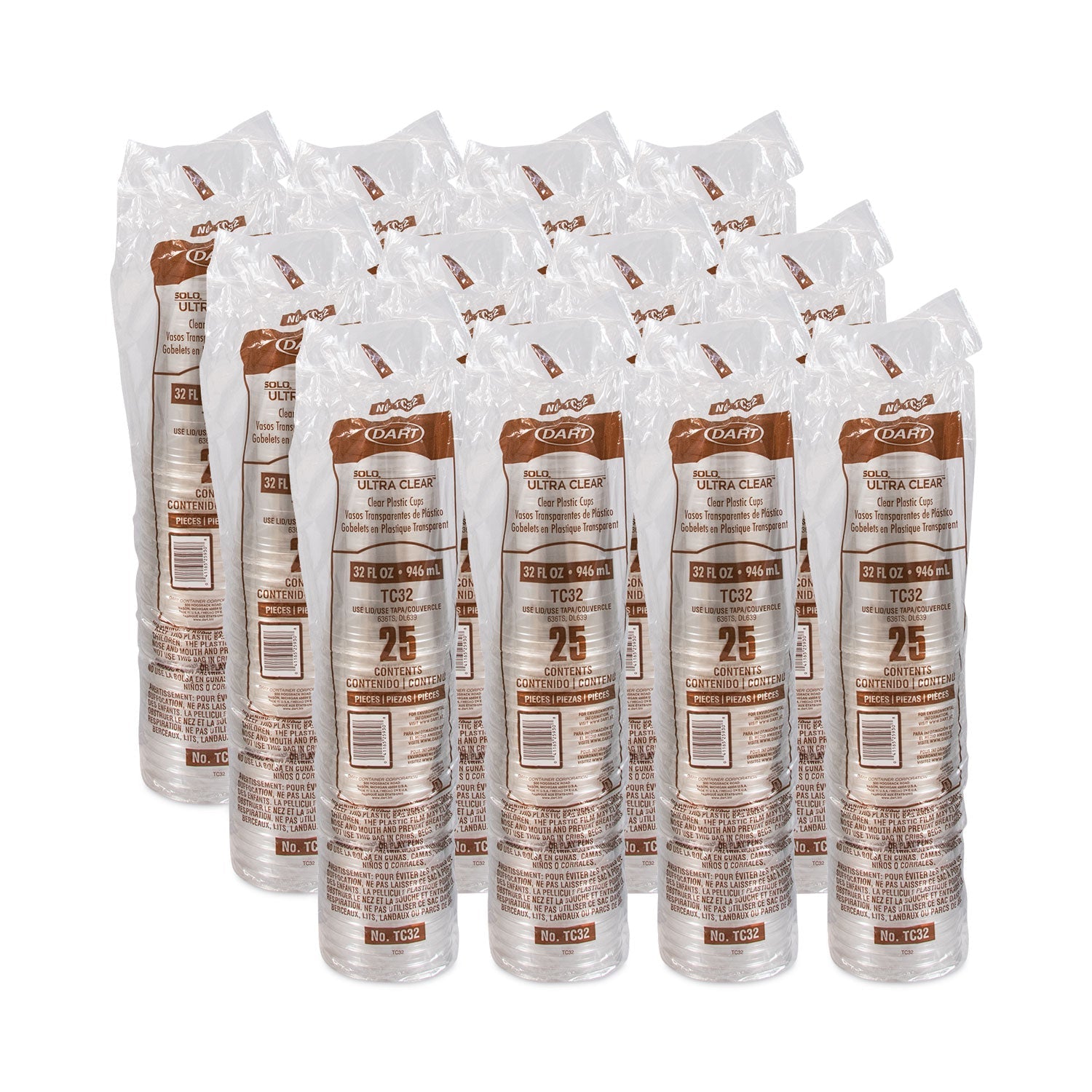 Dart® Ultra Clear PETE Cold Cups, 32 oz, Plastic, Clear, 300/Carton