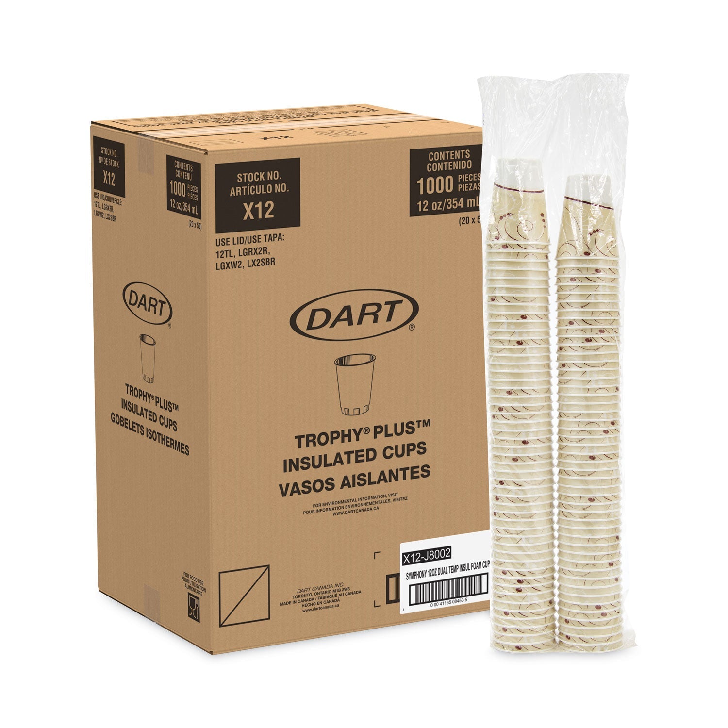 Dart® Trophy Plus Dual Temperature Insulated Cups in Symphony Design, 12 oz, Foam, Beige, 1,000/Carton