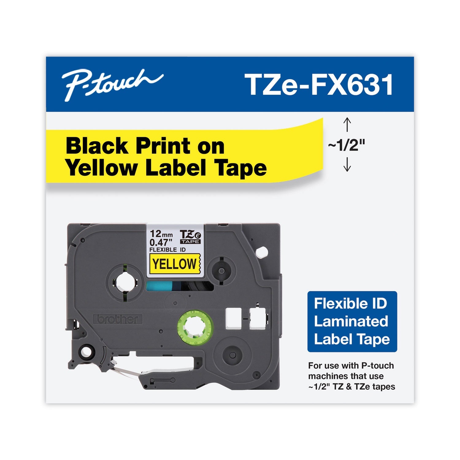Brother P-Touch® TZe Flexible Tape Cartridge for P-Touch Labelers, 0.47" x 26.2 ft, Black on Yellow